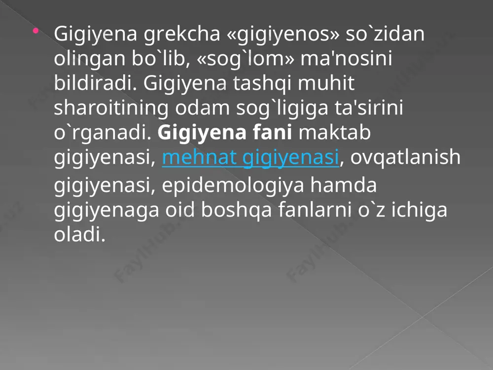 abiiy gigiyenik eksperiment usulida bola uchun tabiiy yashash sharoitida (dars soatlari, jismoniy mashqlar, sport va oddiy o'yinlar va h.k) organizm va tashqi muhit o'rtasidagi o'zaro bog'liqlik, tabiiy omillarning bola organizmiga ta'sirini kuzatib, shu yoshdagi bolalarga anatomo-fiziologik imqonichtlariga qarab tegishli normalar belgilanadi. gigiyenaning asosiy vazifasi bolaning har tomonlama barkamol bo'lib o'sishi va rivojlanishi, jismonan va ruhan yetuk bo'lishi, farovon hayot kechirishi uchun qulay sharoit yaratib berishdan iborat. gigiyena bir kishining shaxsiy ishi bo'libgina qolmay, davlat va jamoatchilik ishi ham ekanligini yoddan chiqarmaslik kerak. davlat tomonidan yaratib berilgan qulayliklar, sharoit hali insonlar uchun, ularning sog'ligi uchun sharoit yaratib berdi degani ham emas. agar davlat maktabga shinam, qulay maktab binosini qurib bersa, uni o'quvchilar uchun mos o'quv jihozlari bilan ta'minlasa hali bu yetarli bo'lmaydi. o'quvchi o'ziga qaramasa, xonani, o'tirgan joyini iflos qilib ketaversa bu uning sog'ligi uchun to'g'ri kelmay qolishi mumkin. shu sababdan shaxsiy gigiyena ham alohida ahamiyatga ega. yoshlikdan boshlab, to umrining …