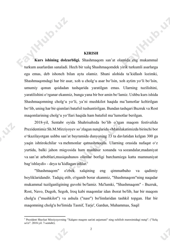 baho va qadimiy boyliklaridandir. tadqiq etib, o'rganib borar ekanmiz, "shashmaqom"ning naqadar mukammal tuzilganligining guvohi bo'lamiz. ma'lumki, "shashmaqom" - buzruk, rost, navo, dugoh, segoh, iroq kabi maqomlar idan iborat bo'lib, har bir maqom cholg'u ("mushkilot") va ashula ("nasr") bo'limlaridan tashkil topgan. har bir maqomning cholg'u bo'limida tasnif, tarje', gardun, muhammas, saqil va boshqa iboralar bilan nomlangan bir necha qismlar mavjud bo'lib, ular qaysi maqom tarkibida bo'lsalar, shu maqom nomi bilan qo'shilib "tasnifi buzruk", "tarje'i rost", "garduni navo", "muhammas chorgoh", "saqili iroq" kabi ataladi. kurs ishining maqsadi. shashmaqom taronalari haqida tarixiy, ma’daniy jihatdan o’rganish va o’zbek klassik san’atining muhim asosi ekanligidan kelib chiqib uning o’zbek va dunyo san’atida muhim roli haqida o’rganishdir. kurs ishining vazifasi. kurs ishining maqsadidan kelib chiqib, uning vazifasi quyidagilarni o’rganish: 1. shashmaqomning tarixi va rivojlanishi; 2. shashmaqomning asosiy shakllari va turli viloyatlarda tarqalishi; 3. shashmaqom va zamonaviy musiqadagi roli. kurs ishining tuzilishi. kurs ishi kirish, ikki bob, o’z …