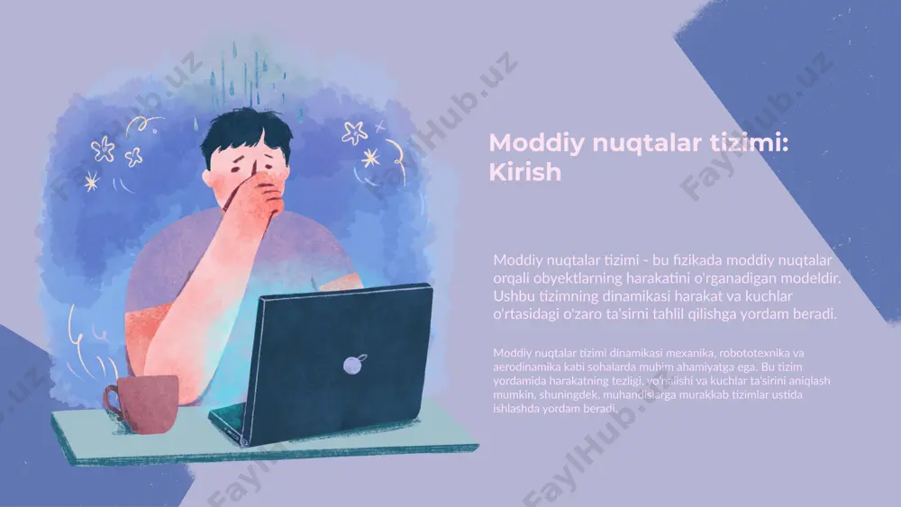 ivojlanishi va harakati haqida chuqurroq bilim olish mumkin. amaliy misollar va tadqiqotlar masalan, fizikada kuchlar va energiya o'zgarishlari orqali moddiy nuqtalar tizimining dinamikasi o'rganiladi. aerodinamik tadqiqotlar havo oqimining ta'sirini va avtomobillarni tezlik va tezlanish misollarini keltirish orqali bu dinamikani yanada oydinlashtiradi. moddiy nuqtalar tizimining kelajagi moddiy nuqtalar tizimining rivojlanish istiqbollari yangi texnologiyalar, masalan, nanomateriallar va kvant hisoblash kabi sohalarda kutilayotgan innovatsiyalar bilan bog'liq. bu texnologiyalar tizimning samaradorligini oshirishga yordam berishi mumkin, shuningdek, yangi ilmiy tadqiqotlar uchun asos yaratadi. kelajakda o'zgarishlar, masalan, avtomatlashtirilgan tizimlar va aqlli materiallarning rivojlanishi, moddiy nuqtalar tizimining ishlashini tubdan yaxshilaydi. bu o'zgarishlar ilm-fan va sanoat sohalarida yangi imkoniyatlarni ochadi va innovatsion yechimlarni joriy etishda muhim ahamiyatga ega bo'ladi. harakat qonunlari: newton qonunlari newtonning uchta asosiy qonuni harakatni belgilaydi: 1) inersiya, 2) kuch va tezlik o'zgarishi, 3) kuchlar o'zaro ta'sirda bo'ladi. bu qonunlar harakat jarayonlarini tushunish uchun zarur. harakat va kuch o'rtasidagi bog'lanish harakat kuch ta'sirida o'zgaradi. kuch, …