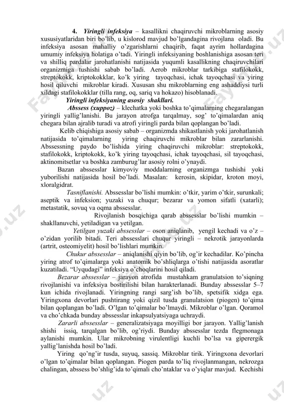 ganizm sensibilizatsiyasini va asab tizimi periferik va markaziy bo’linmalarining haddan ziyod qo’zg’alishini yo’qotish. yuqorida keltirilgan muolajalar va chora – tadbirlar to’liq oqsilli, uglevodli, yog’ va vitamin – mineralli oziqlantirishda, hamda to’g’ri saqlash va ekspluatatsiyasida o’tkazilishi lozim. 4. yiringli infeksiya – kasallikni chaqiruvchi mikroblarning asosiy xususiyatlaridan biri bo’lib, u kislorod mavjud bo’lgandagina rivojlana oladi. bu infeksiya asosan mahalliy o’zgarishlarni chaqirib, faqat ayrim hollardagina umumiy infeksiya holatiga o’tadi. yiringli infeksiyaning boshlanishiga asosan teri va shilliq pardalar jarohatlanishi natijasida yuqumli kasallikning chaqiruvchilari organizmiga tushishi sabab bo’ladi. aerob mikroblar tarkibiga stafilokokk, streptokokk, kriptokokklar, ko’k yiring tayoqchasi, ichak tayoqchasi va yiring hosil qiluvchi mikroblar kiradi. xususan shu mikroblarning eng ashaddiysi turli xildagi stafilokokklar (tilla rang, oq, sariq va hokazo) hisoblanadi. yiringli infeksiyaning asosiy shakllari. abssess (xuppoz) – klechatka yoki boshka to’qimalarning chegaralangan yiringli yallig’lanishi. bu jarayon atrofga tarqalmay, sog’ to’qimalardan aniq chegara bilan ajralib turadi va atrofi yiringli parda bilan qoplangan bo’ladi. kelib chiqishiga asosiy …