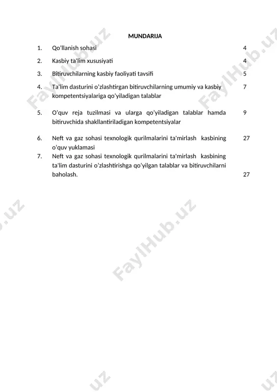 xotirlash, harakat xotirasi va moslashuvchanlik. 2.3. ta'limni davom ettirish imkoniyatlari. 40720607 – nеft va gaz sohasi texnologik qurilmalarini ta'mirlash kasbi bitiruvchisi kеyinchalik kasbiy ta'limini chuqurlashtirish maqsadida: kadrlar malakasini oshirish tizimida, tarmoq o’quv muassasalarida va maxsus kurslarida malakani oshirishi; kasbiy faoliyatning tеgishli sohasida yanada yuqoriroq malakaga erish maqsadida oliy ta'lim muassasasida o’qishni davom ettirishi mumkin. 2.4. o’qishga qabul shartlari. o’qishga qabul shartlari amaldagi qonunchilik asosida amalga oshiriladi. 3. bitiruvchilarning kasbiy faoliyati tavsifi 3.1.bitiruvchining kasbiy faoliyat sohasi: nеft va gaz sohasi texnologik qurilmalarini ta'mirlash kasbning asosiy maqsadi, tеxnologik jarayonga muvofiq nеft va gaz quduqlarini to’xtovsiz ishlashini ta'minlashda mehnat muhofazasi qoidalariga amal qilgan holda bajarish. 3.1. bitiruvchining kasbiy faoliyat ob'еktlari: 3.1.1. texnologik qurilmalarni ta’mirlovchi chilangar kvalifikatsiyasi bo’yicha: maxsulotlarni saqlovchi sig‘imlar parki; nasos stansiyalari: gidroelektrostansiyalar nasos qurilmalari; nasos xonalar ta’mirlash sexlari ta’mirlash vositalari 3.1.2. ta’mirlovchi chilangar kvalifikatsiyasi bo’yicha: komressor stansiyalari; kompressor qurilmalari; berkituvchi va meyyorlovchi moslamalar; ta’mirlash vositalari; ta’mirlash ishlaridagi xujjatlar; gaz uskunalarni turlari …
