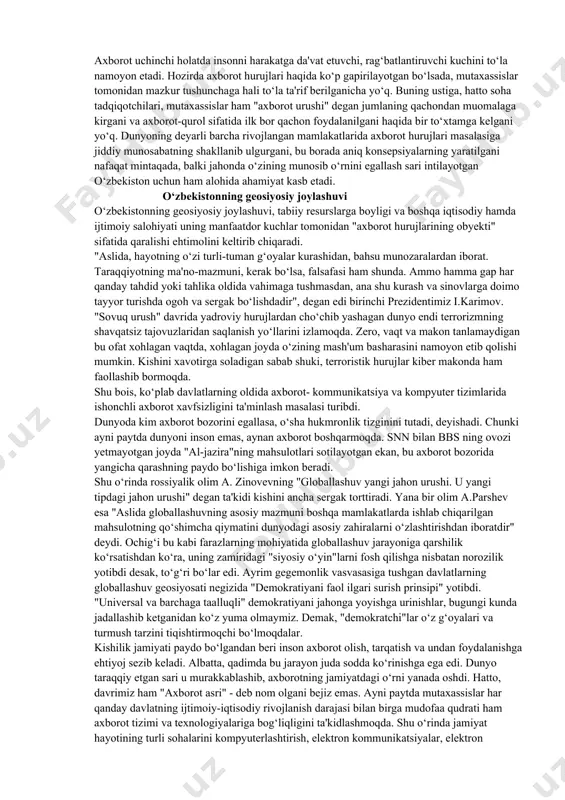 a milliy xavfsizlik, mintaqaviy xavfsizlik va xalqaro xavfsizlik kabi tushunchalar mohiyatini tushinishga, ularning o‘zaro bog‘liqligini anglashga e'tibor ortib bormoqda. bugungi dunyoning axborot xavfsizlik holati "xavfsizlik"ka bo‘lgan zamonaviy yondashuvlarni ishlab chiqishga va milliy, mintaqaviy va xalqaro xavfsizlikka nisbatan konseptual qarashlarni rivojlantirishga undamoqda. bugungi globallashuv asrida axborotga bo‘lgan talab har qachongidan ko‘ra, kuchayib bormoqda. shunday ekan, xolis va haqqoniy axborotlarni tarqatish, ommaning bu mahsulotga bo‘lgan ehtiyojini qondirish har qachongidan ko‘ra bugungi kunda dolzarb ahamiyat kasb etadi. ma'lumki, demokratik jamiyatda ommaviy axborot vositalari, tele-radio kanallar odamlarni xolis va haqqoniy axborot yetkazadigan, gumanistik qarashlar, ilg‘or g‘oyalarni ifoda qiladigan erkin minbar sifatida e'tibor beriladigan vositadir. aslida ham shunday. bugun jahon miqyosida bo‘layotgan olamshumul o‘zgarishlar, iqtisodiy taraqqiyot, ilm-fandagi inson aqlini lol qoldiradigan yangiliklaru ixtirolar barcha-barchasi ommaviy axborot vositalari orqali ma'lum bo‘lmoqda. demak, oav, matbuot yaxshilikka, ezgulikka xizmat qilmoqda. lekin ming afsuslar bo‘lsinki, o‘tgan asrning oxirlari, xxi yuz yillikning dastlabki yillarida g‘arb matbuotida biz aytgan ezgulikka xizmat …