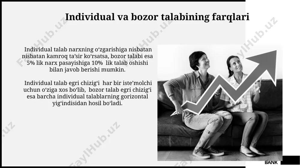 egarasiga ega bo'lishi mumkin. bozor talabini aniqlashda, 100 ta iste'molchining har biri uchun o'rtacha talab miqdorini aniqlab, keyin umumiy bozor talabini hisoblash mumkin, bu esa umumiy hajmini aniqlashga yordam beradi. woodgrove bank talabning boshqa omillarga bog'liqligi talabning miqdori nafaqat narxga, balki 20% iste'molchining daromadi, 30% uning afzalliklari va 50% tovarlarning o'zaro almashinuvi kabi omillarga ham bog'liq. mavsumiylik talabga sezilarli ta'sir ko'rsatadi: masalan, qishda qishki kiyimlarga bo'lgan talab 2-3 baravar ortadi, yozda esa kamayadi. woodgrove bank bozor talab egri chizig'i agar bozorda 100 ta individual talab egri chizig'i bo'lsa va har biri o'rtacha 5 birlik mahsulot sotib olsa, umumiy bozor talabi 500 birlikni tashkil etadi. bozor talab egri chizig'ining siljishi, masalan, 20% ga o'sish yoki kamayishi, iste'molchilarning daromadlari, ta'mlarining o'zgarishi yoki tovarlarning o'rnini bosuvchi mahsulotlar narxlarining o'zgarishi kabi omillar ta'sirida ro'y beradi. woodgrove bank individual talab nima? individual talabni aniqlashda iste’molchining daromadi, tovarlarning o‘rinbosarlari va to‘ldiruvchilarining narxlari, iste’molchining afzalliklari kabi omillar …