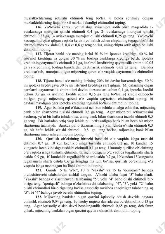 ati kabi mavjud bo‘lib, kun davomida ularning 20 tasi sotilgan. agar turli markadagi muzlatkichlarning sotilishi ehtimoli teng bo‘lsa, u holda sotilmay qolgan muzlatkichlarning faqat bir xil markali ekanligi ehtimolini toping. 116. yo‘lovchi kerakli yo‘nalishga aviachipta sotib olish maqsadida 1-aviakassaga murojaat qilishi ehtimoli 0,4 ga, 2- aviakassaga murojaat qilishi ehtimoli 0,35 ga, 3- aviakassaga murojaat qilishi ehtimoli 0,25 ga teng. yo‘lovchi kassaga murojaat qilgan vaqtida kerakli yo‘nalish uchun chiptaning tugagan bo‘lishi ehtimoli mos ravishda 0,3, 0,4 va 0,6 ga teng bo‘lsa, uning chipta sotib olgan bo‘lishi ehtimolini toping. 117. tijorat banki o‘z mablag‘larini 30 % ini ipoteka kreditiga, 40 % ini iste’mol kreditiga va qolgan 30 % ini boshqa banklarga kreditga berdi. ipoteka kreditining qaytmaslik ehtimoli 0,1 ga, iste’mol kreditining qaytmaslik ehtimoli 0,05 ga va kreditining boshqa banklardan qaytmaslik ehtimoli 0,02 ga teng. bankka kredit so‘rab, murojaat qilgan mijozning qarzni o‘z vaqtida qaytarmaslik ehtimolini toping. 118. tijorat banki o‘z mablag‘larining 20% …