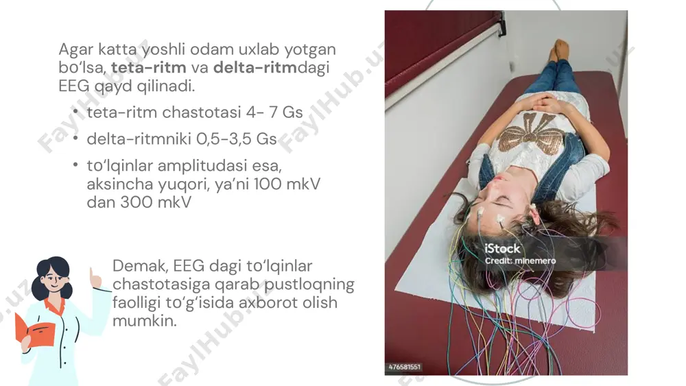 qismlaridan keragini tanlash uchun toʻplash (kommutator) bloki va oʻziyozar (siyohli) gʻaltakli galvanometr bilan taʼminlangan. hozirgi elektroensefalograf apparatlari 8—24, baʼzan 32 kanalli boʻlib, klinik diagnostikada 8 yoki 16 kanalligidan foydalaniladi; tekshiruv oʻtkaziladigan xona yorugʻ va tovushdan himoyalangan, tekshiruvchi yoki bemorga hech qanday taʼsirotlar xalal bermaydigan boʻlishi kerak. shuningdek, uni bemorga (mijozga) mutlaqo bezarar va ogʻriqsiz ekanligi ham tushuntirilishi lozim. maʼlumki bosh miya biopotensiallari juda kichik, shu bois uni yozib olishda kuchli elektron kuchaytirgich (usilitel) zarur boʻladi. e. jarayonida turli funksional qoʻzgʻotish usullarini qoʻllash mumkin, bu sunʼiy qoʻzgʻotish bosh miyani faollashtirib, ayrim yuzaga chiqmayotgan "toʻlqinlarni" jonlantiradi, bu "chaqirilgan" elektrotoʻlqinlar orqali tegishli kasallikni aniqlasa boʻladi. e. shifokorga muhim maʼlumot berishiga qaramay, uni barcha klinik tekshirishlarga qoʻshimcha diagnostika usuli deb qarash mumkin. e. yozish paytida bemorni yoshi, umumiy ahvoli hamda kasallikning kelib chiqishi va boshqalar koʻpgina holatlarga ahamiyat berish lozim. image1.png image2.svg image2.png image4.svg image3.png image6.svg image4.png image5.png image9.svg image6.png image7.png image8.png image9.png image10.png …