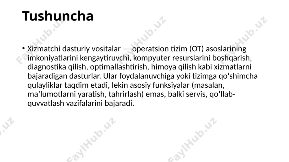 . snipping tool – ekran tasvirini olish. paint – rasm chizish va tahrirlash. calculator – hisoblash vositasi. arxivatorlar windows xizmatchi dasturlari disk bilan ishlash vositalari disk management (disklarni boshqarish) – bo‘lim yaratish, formatlash, harf berish. chkdsk – diskdagi xatoliklarni tekshirish va tuzatish. disk defragmenter (optimize drives) – fayllarni tartiblash orqali tezlikni oshirish. 2. zaxira va tiklash backup and restore – tizim nusxasini yaratish va qayta tiklash. system restore – tizimni avvalgi holatiga qaytarish. zaxira nusxa backup xavfsizlik va himoya windows defender – virus va zararli dasturlardan himoya. firewall – tarmoqdan keladigan zararli kirishlarni cheklash. bitlocker – disk ma’lumotlarini shifrlash. 4. tizimni optimallashtirish task manager – jarayonlarni nazorat qilish, resurslardan foydalanishni ko‘rish. msconfig – yuklanish va xizmatlarni boshqarish. disk cleanup – keraksiz fayllarni o‘chirish orqali bo‘sh joy ochish. antivirus drayverlar kamchiliklari ba’zan servis dasturlar ko‘p resurs talab qiladi (xotira, cpu) — kompyuter sekinlashi mumkin. noto‘g‘ri sozlangan yoki ishlatilganida, muhim fayllarni yo‘qotish …
