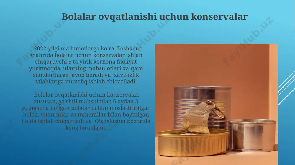 asalan, pomidor, qoʻshiladi; ularning saqlash muddati 2-3 yilni tashkil etadi. konservalangan pyure va souslar konservalangan mevali souslarning taxminan 20%i eksportga, asosan rossiya va qozog‘iston kabi qo‘shni davlatlarga yo‘naltiriladi, bu o‘zbekistonning oziq-ovqat sanoatining rivojlanishiga hissa qo'shadi. qo‘shilgan shakar miqdori 10% dan oshmaydigan meva va sabzavot pyuresi va souslarini ishlab chiqarishda xalqaro standartlar, jumladan iso 22000 talablariga rioya qilinadi. konservalangan sabzavotlar 2022-yil hisobotiga ko'ra, eksportga mo'ljallangan konservalangan sabzavotlarning 5% dan ko'prog'i rossiya va qozog'iston kabi qo'shni davlatlarga yetkazib berilgan. pomidor, bodring va loviya kabi konservalangan sabzavotlarning saqlash muddati, o'rtacha hisobda, 12-18 oyni tashkil etadi va bu harorat rejimiga bog'liq. konservalangan shoʻrvalar konservalangan shoʻrvalarning saqlash muddati, mahsulot tarkibi va ishlab chiqarish texnologiyasiga bogʻliq holda, oʻrtacha 12-24 oyni tashkil etadi, bu esa ularni uzoq muddatli iste'mol uchun qulay qiladi. toshkent viloyatida joylashgan konservalar zavodlari tomonidan ishlab chiqariladigan shoʻrvalarning 20% dan ortigʻi eksportga yoʻnaltirilib, rossiya va qozogʻiston kabi qoʻshni davlatlarga yetkazib beriladi. konservalangan meva sharbatlari …