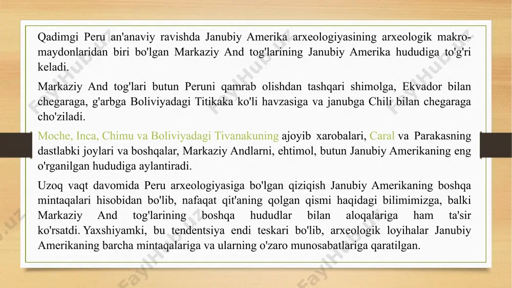 inining oliy ruhoniylari o'qishlari kerak edi, ular murakkab va muqaddas dizaynlarni tushunishlari mumkin edi. raimondi stelasi bu texnikaning asosiy namunalaridan biridir. biroq, kulolchilik haykallarda topilgan bir xil stilistik xususiyatlarni ifodalamaydi. chongoyapeda topilgan tilla taqinchoqlar kubok an'analariga mansub chavin kulollari sharsimon shaklga ega , tutqichli, uzengili va tekis asosli. raimondi stelasi ikki tayoqli xudoni ifodalaydi, federiko kauffmann doigning so'zlariga ko'ra , u sandelda tasvirlangan xudoga o'xshaydi. tirnoq boshlari chavin ibodatxonalari devorlarini bezatgan tosh haykallardir. chavin de huantar arxeologik yodgorligining modeli chavin de huántar arxeologik yodgorligidagi qal'aning old ko'rinishi (2007 yil avgustdagi fotosurat). ikonografiya o'sha uzoq davrning (miloddan avvalgi 1000-200 yillar atrofida) afsonaviy hikoyalari saqlanib qolmaganligi sababli, chavin haykallarida tasvirlangan figuralar haqida turli xil talqinlar mavjud. shunday qilib, o'rmondan olib kelingan "yaguar xudosi" haqida gapiradi; boshqalar alligator, qush yoki o'rgimchakning stilize qilingan tasvirlarini ko'rgan. arxeolog federiko kauffmann doigning ta'kidlashicha, bu xilma-xil talqinlar chavin bir qismi bo'lgan and ikonografik kontekstidan tashqari, alohida tafakkurdan …