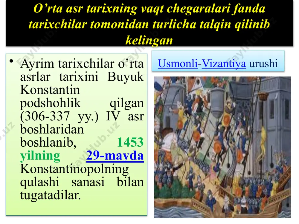 aro munozaralar, bahs yuritgan), ritorika (she’r, badiy asar yozish nutq sanatini) o’rganishgan. universitet lotincha-“o’qituvchilar va olimlar jamoati” iborasidan kelib chiqgan. unda fundamental va amaliy fanlar o’qitilib, mutaxasislar tayyorlangan . unversitetlarning yuzaga kelishi muayyan iqtisodiy taraqiyotga erishilganlik, shaharlarning ko’payishi, hunarmanchilik va savdo-sotiqting rivojlanishi, ilm-fanning taraqiyoti b-n bo’liq holda vujudga kelgan. o’rta asr universitetlari cherkov nazorati ostida faoliyat yuritgan. bunda atrof-tevarakda real fakt va hodisalarni o’rganish b-n emas, balki cherkov ruhoniylari tomonidan maqullangan va tavsiya qilingan kitoblarni yodlash bilan shug’ullanganlar. византия пойтахти константинополдаги университет хi асрдаги биринчи университет бўлиб, унда учта факультет фаолият юритган. ҳуқуқшунослик тарих (фалсафа), тиббиёт unversitetlar ko‘pchilik birinchi yevropa universiteti sifatida italiyadagi boloniya universiteti tilga oladilar. bu ta'lim muassasasi x asrning oxirida ochilgan. ispaniyaning salamanka universiteti (1218) yil selerno (xii asr oxiri) fransiyaning parij (1215) britaniyaning kenbrij (1209) oksfort (1096) manpelye (1289) partugaliyaning (lissabon) 1290 unversitetlarda o’qish davomiyligi o’rta asr universitetlarida to’rtta fakultet bo’lib, birinchi tayorlov fakultetida “etti erkin …