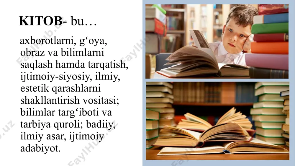 sari kishida hayotga o‘zgacha bir nazar bilan qarash boshlanadi. muxtasar qilib aytganda, kitob insonni barkamol shaxs sifatida shakllanishida muhim ahamiyatga ega. shabloni prezentatsiy s sayta presentation-creation.ru kitobxonlik bo‘yicha o‘tkazilgan tadqiqot natijalari (rivojlangan davlatlar misolida) xalqaro tadqiqot instituti gfk o‘tkazgan so‘rovnoma natijalariga ko‘ra, 2016-yili dunyoning eng kitobxon millati xitoyliklar bo‘lishdi. so‘rovnomaga javob bergan xitoyliklar (70%) har kuni yoki har haftada bir marta kitob o‘qishini ta’kidlagan. ikkinchi o‘rinni rossiyalik (59%), uchinchi o‘rinni ispaniyalik (57 %) kitobxonlar egallashdi. kitobxonlik bo‘yicha o‘tkazilgan tadqiqot natijalari (yurtimiz aholisi misolida) respublikamizda o‘tkazilgan so‘rovnomada respondentlarning qanday kitob o‘qishga, kitobning janri, uning qanday ko‘rinishda bo‘lishi kerakligi haqidagi savollarga asosan detektiv, fantastika janridagi kitoblarga qiziqish yuqori ekanligi, klassik adabiyotga qiziqish birmuncha sustligi, bosma shakldagi nashrlarni (52%) va elektron shakldagi nashrlarni (48%) aholi ma’qullagani ma’lum bo‘ldi. shuningdek, qatnashchilarning aksariyatida shaxsiy kutubxonasi yo‘qligi (68%), shaxsiy kutubxonasi borlar (32%) esa, ulardagi kitoblar soni atigi 10 ta va undan ortiq kitobni tashkil etishini ma’lum …