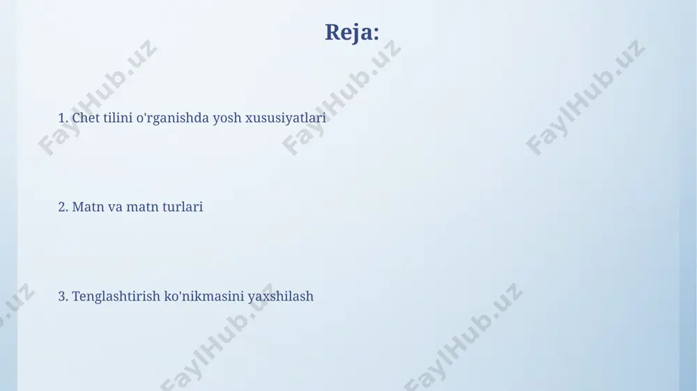 t shahridagi tadqiqotlarga ko'ra 15% ga yaxshilanadi. o'qish tezligini oshirish uchun 10 yoshdan 15 yoshgacha bo'lgan o'quvchilarga samarqanddagi maktablarda qo'llaniladigan intensiv o'qish uslublari samarali natijalar beradi, so'z boyligini 20% ga oshiradi. til o'rganishdagi motivatsiya va yosh 15-25 ёшдаги ўқувчиларда чет тилини ўрганишга бўлган мотивация, ўзларини касбий ривожлантириш ва хорижга саёҳат қилиш каби аниқ мақсадларга боғлиқ бўлиб, тошкент шаҳридаги тадқиқотлар буни тасдиқлайди. 60 ёшдан ошган кишиларда эса, ўрганиш мотивацияси кўпинча ижтимоий мулоқотни кенгайтириш, когнитив қобилиятларни сақлаш ва 5%гача хотирани яхшилашга қаратилган бўлади. lug'at boyligini oshirish usullari lug'at boyligini oshirishda, kuniga kamida 30 ta yangi so'z o'rganish va ularni 5 ta turli jumlada qo'llash samarqanddagi ona tili va adabiyoti o'qituvchilarining tajribasida samarali deb topilgan. lug'at boyligini tez oshirish uchun, har kuni kamida 1 soat davomida ingliz-uzbek lug'atini o'qib, undan 15 ta yangi so'z tanlab, ular bilan gaplar tuzish foydali hisoblanadi. xotira va yoshning ta'siri chet tilini o'rganishda yosh bilan bog'liq farqlarni hisobga …