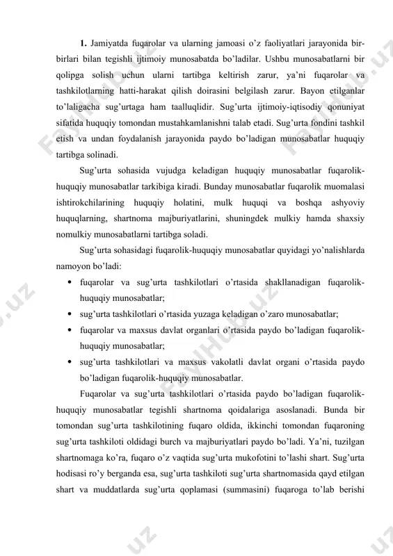 ida, ikkinchi tomondan fuqaroning sug’urta tashkiloti oldidagi burch va majburiyatlari paydo bo’ladi. ya’ni, tuzilgan shartnomaga ko’ra, fuqaro o’z vaqtida sug’urta mukofotini to’lashi shart. sug’urta hodisasi ro’y berganda esa, sug’urta tashkiloti sug’urta shartnomasida qayd etilgan shart va muddatlarda sug’urta qoplamasi (summasini) fuqaroga to’lab berishi lozim. ko’rinib turibdiki, shartnoma –fuqarolik-huquqiy hujjat sifatida taraflarning o’zaro munosabatini huquqiy tartibga solyapti. sug’urta tashkilotlarining bir-birlari o’rtasida paydo bo’ladigan fuqarolik-huquqiy munosabatlari sug’urta pulini va qayta sug’urta qilish bilan bog’liq tuzilgan shartnomalar doirasida shakllanadi. amaldagi qonun hujjatlariga ko’ra, sug’urta tashkiloti moliyaviy barqarorlikni ta’minlash, binobarin, sug’urtalanuvchilar oldida o’z majburiyatini bajarishini ta’minlash maqsadida sug’urta pulida ishtirok etishi yoxud boshqa sug’urta tashkilotlari yoki ixtisoslashgan qayta sug’urta tashkilotlari bilan shartnomaviy munosabatlarga kirishi mumkin. o’zbekiston respublikasi fuqarolik kodeksining 959-moddasida «sug’urta shartnomasi bo’yicha sug’urtalovchi o’z zimmasiga olgan sug’urta tovonini yoki sug’urta pulini to’lash xavfi uning tomonidan to’liq yoki qisman boshqa sug’urtalovchida (sug’urtalovchilarda) u bilan tuzilgan qayta sug’urta qilish shartnomasi bo’yicha sug’urtalanishi mumkin» deb alohida …