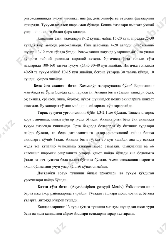 кун, апрелда 25-30 кунада бир авлоди ривожланади. йил давомида 4-20 авлоди ривожланиб шундан 3-12 таси ғўзада ўтади. ривожланиш вақтида уларнинг 40% ва ундан кўпроғи табиий равишда қирилиб кетади. урғочиси ўрта толали ғўза навларида 100-160 тагача тухум қўйиб 30-40 кун яшайди. ингичка толалида 40-50 та тухум қўйиб 10-15 кун яшайди, бегона ўтларда 30 тагача қўяди, 10 кундан кўпроқ яшайди. беда ёки акация бити. ҳаммахўр зараркунанда бўлиб европанинг жанубида ва ўрта осиёда кенг тарқалган. акация бити ғўзадан ташқари беда, оқ акация, ерёнғоқ, вика, бурчоқ, нўхот шунингдек полиз экинларига шикаст етказади. бу ҳашорат ғўзани май июнь ойларида кўп зарарлайди. тирик туғувчи урғочисининг бўйи 1,3-2,1 мм бўлади. танаси ялтироқ қора , личинкасиники қўнғир тусда бўлади. акация бити беда ёки акацияда тухум фазасида қишлайди. эрта баҳорда бедаларда бу битнинг тўдалари пайдо бўлади, то беда дағаллашганга қадар ривожланиб кейин бошқа экинларга кўчиб ўтади. акация бити ғўзада 30 кун яшайди ана шу вақтда жуда тез кўпайиб ўсимликка …