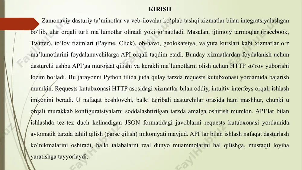 (facebook, twitter), to‘lov tizimlari (payme, click), ob-havo, geolokatsiya, valyuta kurslari kabi xizmatlar o‘z ma’lumotlarini foydalanuvchilarga api orqali taqdim etadi. bunday xizmatlardan foydalanish uchun dasturchi ushbu api’ga murojaat qilishi va kerakli ma’lumotlarni olish uchun http so‘rov yuborishi lozim bo‘ladi. bu jarayonni python tilida juda qulay tarzda requests kutubxonasi yordamida bajarish mumkin. requests kutubxonasi http asosidagi xizmatlar bilan oddiy, intuitiv interfeys orqali ishlash imkonini beradi. u nafaqat boshlovchi, balki tajribali dasturchilar orasida ham mashhur, chunki u orqali murakkab konfiguratsiyalarni soddalashtirilgan tarzda amalga oshirish mumkin. api’lar bilan ishlashda tez-tez duch kelinadigan json formatidagi javoblarni requests kutubxonasi yordamida avtomatik tarzda tahlil qilish (parse qilish) imkoniyati mavjud. api’lar bilan ishlash nafaqat dasturlash ko‘nikmalarini oshiradi, balki talabalarni real dunyo muammolarini hal qilishga, mustaqil loyiha yaratishga tayyorlaydi. bugungi kunda deyarli har bir mobil yoki veb-ilova biror api bilan ishlaydi. shuning uchun ham bu mavzu it yo‘nalishida o‘qiyotgan talabalar uchun muhim va zamonaviy hisoblanadi. kurs ishining asosiy maqsadi …