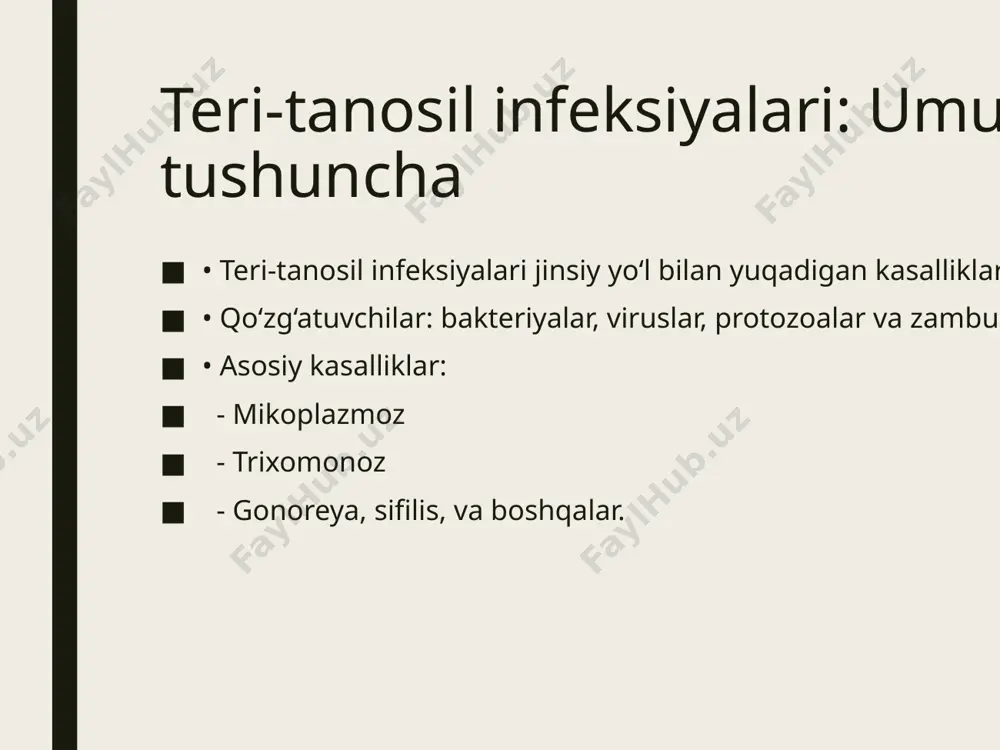 oya qilish. • himoyalangan jinsiy aloqa (prezervativ ishlatish). • kasallikni erta tashxislash va davolash. • doimiy jinsiy sherik bilan munosabat. xulosa • mikoplazmoz va trixomonoz jinsiy yo‘l bilan yuqadigan jiddiy infeksiyalardir. • tashxis uchun zamonaviy laboratoriya usullari qo‘llaniladi. • o‘z vaqtida davolash bepushtlik va boshqa asoratlarning oldini oladi. • profilaktik choralarga rioya qilish infektsiyalarni kamaytiradi. /docprops/thumbnail.jpeg