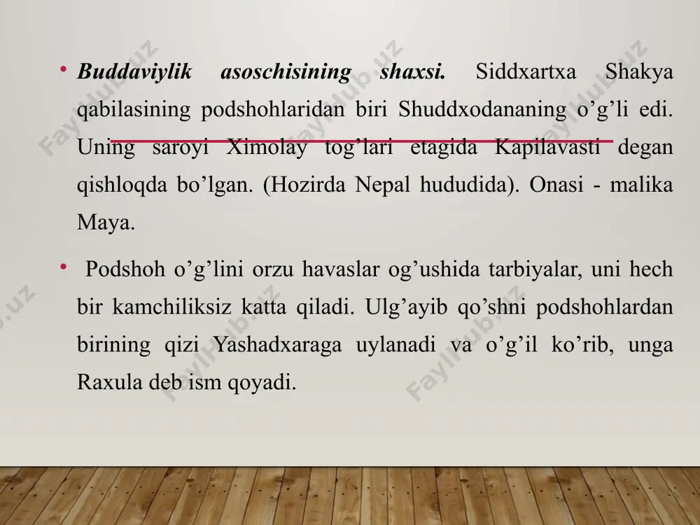 ashshoqlik qurbonliklar murakkab marosimlar ma’naviy tenglik qullik va jabr-zulmlar tarixiy manbalarning dalolat berishicha buddaviylikning asoschisi shahzoda sidxartxadir. budda – «haqiqatga erishgan» deb atalgan; u ushbu oliy maqsadga erishish uchun gautama urug'idan bo'lgan eng obro'li shakya qabilasini tanlagan; ana shundan bu diniy rivoyatda budda-gautama nomi keng tarqalgan. ismlar ma’nolari quyidagicha: siddxartxa – shaxsiy ism, gautama- urug’ nomi , shakyamuni- “shakya qabilasidan chiqqan donishmand”, budda- “nurlangan”, ular ichida eng mashhuri “budda” bo’lib, shundan ushbu dinga buddizm nomi berilgan. siddxartxa barcha shahzodalarga xos ta’lim tarbiya olgan. podsho shuddxodan o’g’lining jamiyat hayotining salbiy tomonlarini ko’rmasdan yashashini istagan. shuning uchun ham unga shohona hayot yaratib bergan. u 16 yoshida uylantirib qo’yilgan. ko’p o’tmay siddxartxa o’g’illik bo’ladi. siddxartxa 22 yoshigacha ana shunday shohona hayot kechirgan. bir kuni siddxartxa sayr etgani ko’chaga chiqqanida hayot u o’ylagandek emasligini guvohi bo’lgan. buddaning hayoti haqida turli afsonalar ham to’qilgan. bu afsonalarda aytilishicha, budda ko’p yillar davomida er yuzidagi turli mavjudotlar …
