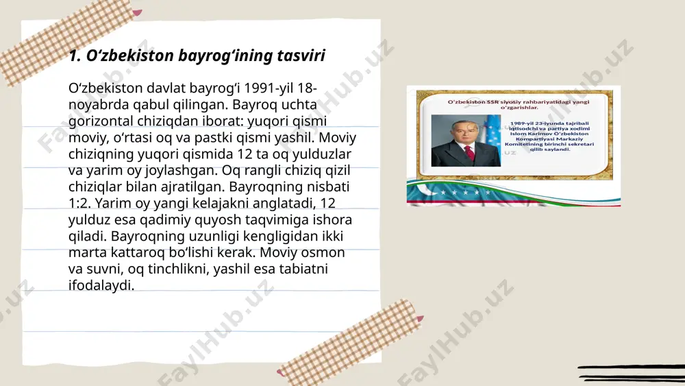 a'nolari odatda madaniy kontekstlarga bog'liq bo'lishi mumkin, shuning uchun turli madaniyatlarda ular boshqacha talqin qilinishi mumkin. oʻzbekiston bayrogʻi (rasmiy atalishi: oʻzbekiston respublikasining davlat bayrogʻi) — oʻzbekiston gerbi va oʻzbekiston madhiyasi kabi oʻzbekiston respublikasiningrasmiy davlat ramzi sanaladi. 1991-yil 31-avgustda oʻzbekiston respublikasi oʻz mustaqilligini eʼlon qilganidan soʻng 1991-yilning 18-noyabrida[2] oʻzbekiston respublikasi oliy kengashining viii sessiyasida oʻzbekiston respublikasi davlat bayrogʻitoʻgʻrisidagi qonun qabul qilingan. 2024-yil 33 yilligni nishonlaymiz axmadjonova dildora dilmurodjon qizi e'tiboringiz uchun raxmat! image1.png image2.png image3.png image4.jpg image5.png image6.jpg /docprops/thumbnail.jpeg