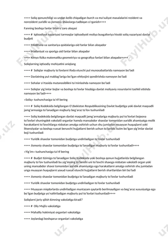 i ==== # soliqlarning mohiyatini ularning zarurligini soliq elementlari va funksiyalarini soliq siyosatini soliqqa tortish va to‘lash tartiblarini xorijiy mamalakatlar soliq tizimlarini soliq tizimining nazariy jihatlarini o‘rgatish va amaliy ko‘nikmalarini shakllantirsh ==== iqtisodiy islohotlar sharoitida yuridik va jismoniy shaxslardan olinadigan soliq va to‘lovlar ularni hisoblash va to‘lash masalalarini nazariy va amaliy jihatdan o‘rganadi ==== soliqlarni tuzilishi soliq ma’murchiligi va soliqqa tortish ishlarini tahlil qilish ishlarini o‘rganadi ==== soliq qonunchiligi va undan kelib chiqadigan burch va ma’suliyat masalalarini rezident va norezident yuridik va jismoniy shaxslarga tadbiqan o‘rganish++++ fanning boshqa fanlar bilan o‘zaro aloqasi ==== # iqtisodiyot nazariyasi tarmoqlar iqtisodiyoti moliya buxgalteriya hisobi soliq nazariyasi davlat budjeti ==== meditsina va sanitariya qoidalariga oid fanlar bilan aloqador ==== madaniyat va sportga oid fanlar bilan aloqador ==== kimyo fizika matematika geometriya va geografiya fanlari bilan aloqador++++ soliqlarning iqtisodiy mohiyatini aniqlang ==== # soliqlar majburiy to‘lovlarni ifoda etuvchi pul munosabatlarida namoyon bo‘ladi ==== davlatning pul …