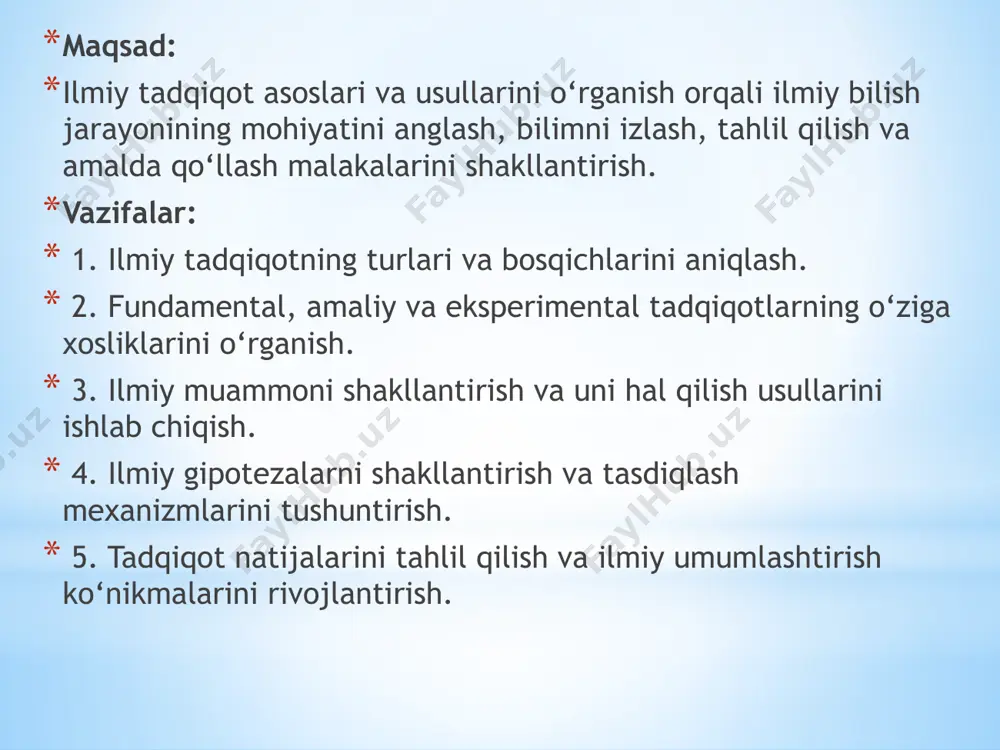 rishga (topishga) asos yaratadi. fundamental va amaliy tadqiqotlar quyidagi bosqichlardan iborat bo‘ladi: 1-bosqich. tanlangan mavzuning dolzarbligini asoslash va ifoda etish: 2-bosqich. tadqiqotning maqsadi va vazifasini ifodalash: 3-bosqich. nazariy tadqiqotlar: 4-bosqich. eksperimental tadqiqotlar (tasdiqlash, to‘g‘rilash yoki nazariy tadqiqotlarni inkor etish uchun): 5-bosqich. ilmiy tadqiqotlarni tahlil qilish va rasmiylashtirish: 6-bosqich. joriy etish va iqtisodiy samaradorlik: 1-bosqich. tanlangan mavzuning dolzarbligini asoslash va ifoda etish: – bo‘lajak tadqiqotlarga taalluqli muammolar bilan mamlakat va xorijiy adabiy manbalar bo‘yicha tanishish, uning dolzarbligini asoslash; – muammolar bo‘yicha tadqiqotlarning muhim yo‘nalishlarini belgilash va tasniflash; – mavzuni ifodalash va tadqiqot annotatsiyasini tuzish; – texnikaviy topshiriqni ishlab chiqish va ilmiy tadqiqot ishlari (iti) umumiy kalendar rejasini tuzish; – kutilayotgan iqtisodiy yoki boshqa foydali samarani oldindan belgilash. 2-bosqich. tadqiqotning maqsadi va vazifasini ifodalash: – mamlakat va xorijiy nashrlar bibliografik ro‘yxatini tanlash va tuzish (monografiya, darsliklar, maqolalar, patentlar, kashfiyotlar va b.), shuningdek, tanlangan mavzu bo‘yicha ilmiy-texnikaviy hisobot tuzish; – mavzu bo‘yicha manbalar …