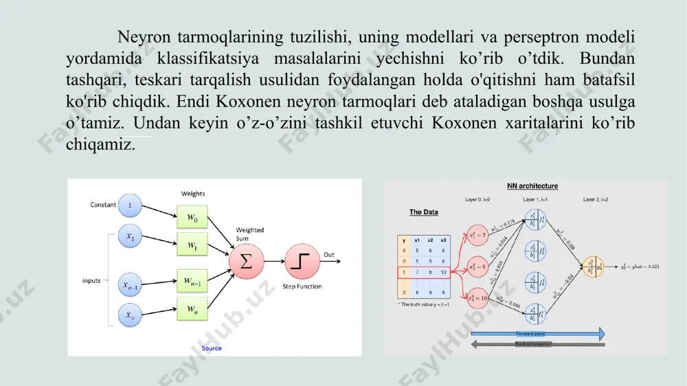 ular shunchaki talab qilinmaydi. koxonen neyron tarmog’i birinchi navbatda klasterlash masalalarini yechish, ya’ni ma’lum obyektlarni alohida guruhlarga (klasterlarga) birlashtirish uchun ishlatiladi. obyektni ma’lum bir klasterga joylashtirish to’g’risidagi qaror ushbu neyron tarmoqlar sinfining kirish ma’lumotlari bo’lgan uning alomatlarining qiymatlari asosida qabul qilinadi. misol uchun, sportchilarni ular shug’ullanadigan sport turlari bo’yicha tasniflash masalasini ko’rish mumkin. alomatlarni bo’yi, vazni, sportchining yuz metrga yugurish vaqti va boshqalar tashkil etishi mumkin. agar biz barcha sportchilarning “parametrlarini” koxonen tarmog’i orqali o’tkazsak, unda chiqishda biz ma’lum miqdordagi guruhlarni olamiz. bunday holda, quyidagi shartlar bajarilishi kerak bo’ladi: bir guruhga mansub na’munalar qaysidir ma’noda bir-biriga o’xshash bo’lishi kerak; va bir-biriga o'xshash guruhlar, o’z navbatida, bir-biriga yaqin joylashtirilishi kerak. 1 2 bu misolda yengil atletika bilan shug‘ullanuvchi barcha sportchilar bir guruhga, basketbolchilar esa boshqa guruhga tushadi. tarmoqning keyingi o’rganishlarida yuguruvchilar guruhi yengil atletikachilar guruhidan ajralib turishi mumkin. va keyin, sanab o’tilgan xususiyatlarning ikkinchisidan so’ng, yuguruvchilar guruhi yengil atletikachilar guruhiga yaqin …