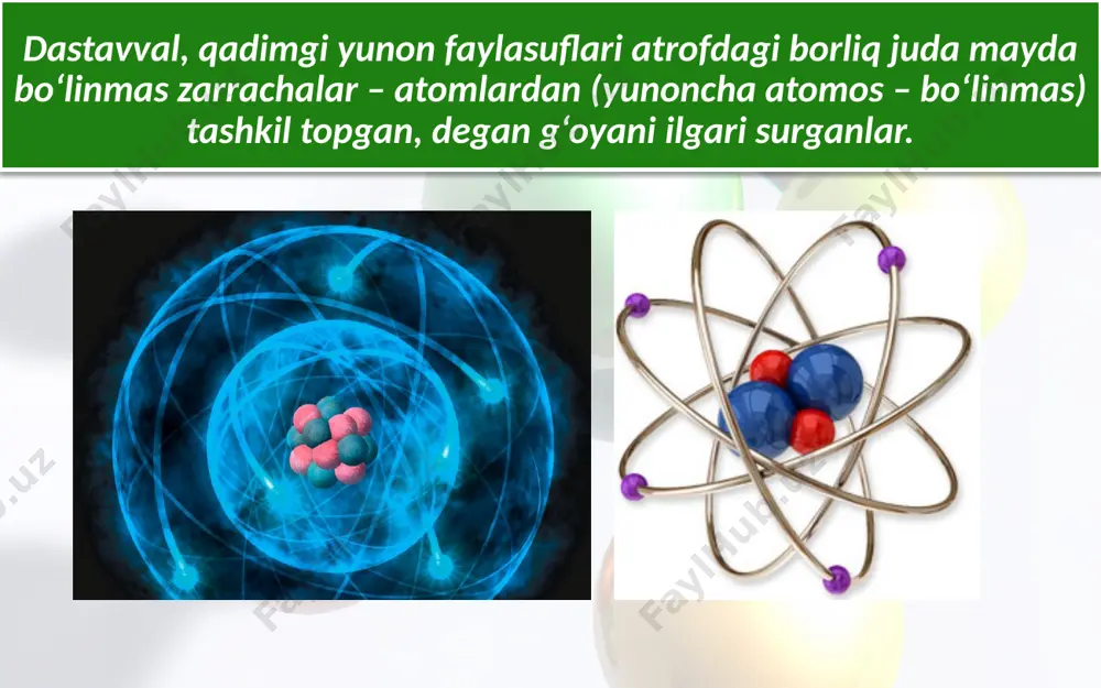 atom molekular ta’limot. atom va molekulalarning realligi (mavjudligi). kimyoviy element, kimyoviy belgi. 7 - sinf - Page 3