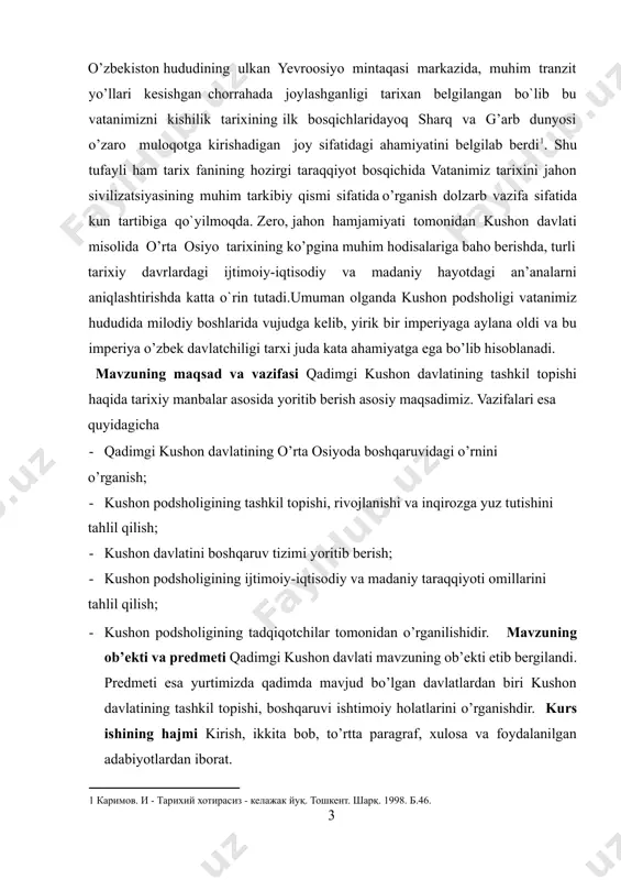 topishi, rivojlanishi va inqirozga yuz tutishini tahlil qilish; · kushon davlatini boshqaruv tizimi yoritib berish; · kushon podsholigining ijtimoiy-iqtisodiy va madaniy taraqqiyoti omillarini tahlil qilish; · kushon podsholigining tadqiqotchilar tomonidan o’rganilishidir. mavzuning ob’ekti va predmeti qadimgi kushon davlati mavzuning ob’ekti etib bergilandi. predmeti esa yurtimizda qadimda mavjud bo’lgan davlatlardan biri kushon davlatining tashkil topishi, boshqaruvi ishtimoiy holatlarini o’rganishdir. kurs ishining hajmi kirish, ikkita bob, to’rtta paragraf, xulosa va foydalanilgan adabiyotlardan iborat. i – bob. qadimgi kushon davlatining tashkil topishi va o’rta osiyoda boshqaruvidagi o’rni 1. kushon podsholigining tashkil topishi, rivojlanishi va inqirozga yuz tutishi makedoniyalik aleksandr o’rta osiyoning katta qismini bosib olganidan so’ng, bu hududdda yashagan ba’zi qabilalar shimoli-sharq tomonga qarab siljiy boshlashdi. ana shunday qabilalardan biri yuechjilar (xitoy manbalarida shunday dеb atalgan) miloddan avvalgi iv asr oxirlarida sharqiy turkistondan to mo`g`iliston chegaralarigacha bo`lgan hududlarga borib o’rnashganlar. xitoyning shimolida esa xunn qabilalari yashagan va yuechjilar xunnlarga janub tomondan qo`shni bo`lib …