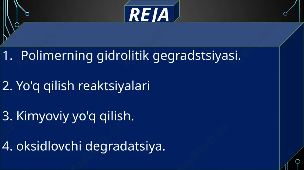(nt) ga teng: nt= no/(p+l). agar buzilish darajasi kichik bo'lsa, ya'ni nt qiymati no ga nisbatan etarlicha katta bo'lsa, bu tenglamalarni tahlil qilish orqali gidrolitik buzilish tezligiga nisbatan oddiy bog'liqlikni olish mumkin: (1/nt) - (1/n0) ) = kt. i/no va l/nt qiymatlari mos ravishda oxirgi guruhlarning dastlabki kontsentratsiyasiga (n0) va t(nt) vaqti bo‘yicha ularning bir lahzali kontsentratsiyasiga mutanosibdir. keyin nt-n0 =k¢ t, ya'ni degradatsiya darajasi polimerdagi oxirgi guruhlarning oniy va boshlang'ich konsentratsiyasi o'rtasidagi farqir. gidrolitik degradatsiya jarayonida oxirgi guruhlarning konsentratsiyasi reaksiyaning statistik tabiatiga muvofiq vaqt o'tishi bilan chiziqli ravishda ortadi. agar polimerlar chiziqli zanjirli tuzilishga ega bo'lsa, u holda zanjir uzunligi (yoki molekulyar og'irligi) va oxirgi guruhlarning kontsentratsiyasi polimer eritmalarining yopishqoqligi bilan bir ma'noda bog'liq bo'ladi va shuning uchun degradatsiya darajasini ichki materialning o'zgarishidan osongina aniqlash mumkin. eritmalarning yopishqoqligi. tsellyuloza gidrolizlanishi jarayonida makromolekulada elementar birliklar orasidagi glyukozid bog` uziladi va bu jarayon kislotalar (h2so4; hc1; h3po4) ishtirokida oson kechadi. guruch. …