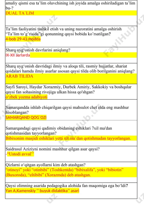 vval’’ qizlarni o‘qitgan ayollarni kim deb atashgan? “otinoyi” yoki “otinbibi” (toshkentda) “bibixalifa”, yoki “bibiotin” (buxoroda), “eltibibi” (xorazmda) deb atashgan. qaysi olimning asarida pedagogika alohida fan maqomiga ega bo‘ldi? yan a,kamenskiy ‘’ buyuk didaktika’’ asari qaysi olim o‘qitishni jismoniy mashqlar bilan qo‘shib olib borish zarurligini ta’kidlaydi. abu ali ibn sino pedagogika tarixini insoniyat tarixi bilan bog‘liqlikda o‘rganish maqsadida davrlashtirish necha davrdan iborat? 12 davrdan iborat o’quv qayda bo’lsa, ulug’lik bo’lar, bilim kimda bo’lsa, buyuklik bo’lar. o’quv qut beradi, bilim – sharaf-shon, shu ikkov tufayli ulug’dir inson. ushbu pedagogic misralar qaysi asarda keltrilgan? yusuf xos hojib ‘’qudatg`u bilig’’ asarida o‘zbekistonning yangi taraqqiyot davrida ta’lim-tarbiya va ilm-fan sohalarini yanada rivojlantirishning asosiy yo‘nalishlari berilgan to’g’ri javobni toping? 1.ta’lim tizimiga yuqori samarali xalqaro amaliyotni joriy etish, respublika ta’lim tashkilotlarini nufuzli xalqaro reytinglarga kiritish bo‘yicha tizimli ishlarni amalga oshirish. 2.pedagog xodimlarning kasbiy mahorati va faoliyat samaradorligini muntazam oshirib borish uchun zarur shart-sharoitlarni yaratish, malaka oshirish tizimini …