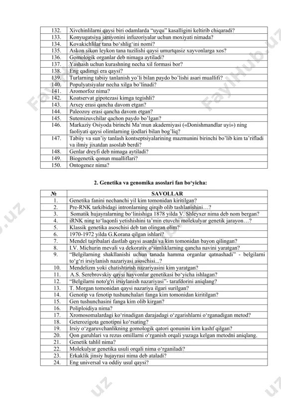 rat? 92. baliqlar katta sinfi quyidagilarga bo‘linadi? 93. suv umurtqali xayvonlarini visseral skeleti quyidagilardan iborat? 94. baliqlarni qon aylanish sistemasida yurak quyidagilarni o‘z ichiga oladi? 95. suvda va quruqda yashovchilar quruqlikka chiqishi munosabati bilan quyidagilar paydo bo‘ldi? 96. amfibiyalar qaysi organlari bilan nafas oladi? 97. amfibiyalarni teri tuzilishi- baliqlarnikidan nimasi bilan farq qiladi? 98. xozirgi zamonda yashovchi sudralib yuruvchilar quyidagi turkumlarga bo‘linadilar? 99. o‘zbekistonda zaxarli ilonlarni quyidagilari tarqalgan? 100. o‘zbekistonning qizil kitobiga qaysi zaxarli ilonlar kiritilgan? 101. quyidagi qushlarni qaysilari xonakilashtirilgan? 102. qushlarni tana temperaturasi necha gradus? 103. qushlarni tuxumini rivojlanishiga necha gradus temperatura va necha foyiz namlik kerak? 104. qushlar qanday xayvonlardan kelib chiqan? 105. qanday qushlarni erkaklari tuxum bosishda ishtiroq etadi? 106. qanday qushlar o‘zbekistonda ovlanadi va ovchilik maxsuli xisoblanadi? 107. qushlarni qanday teri osti bezlari bor? 108. qanday qushlar donxo‘r deb ataladi? 109. ko‘krak tojsiz qushlarga qanday qushlar kiradi? 110. ko‘krak tojlilar turkumiga qanday qushlar kiradi? 111. …