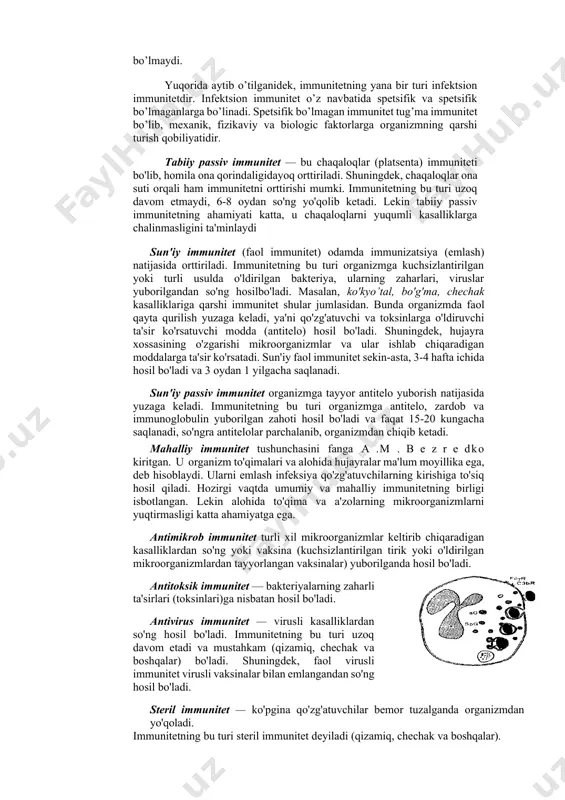 turlarga bo’lish mumkin. bular: infektsion immunitet va infektsion bo’imagan, ya’ni transplatatsion immunitet. infektsion immunitet spetsifik va spetsifik bo’lmaganlarga bo’linadi. spetsifik bo’lmagan immunitet tabiiy yoki tug’ma va organizmni himoya qiiish anatoma - fiziologik faktorli bo’ladi. tabiiy yoki tug’ma immunitet o’z navbatida ikkiga: absolyut yoki mutloq va nisbiyga bo’linadi. ular ham aktiv va passivga bo’linadi. aktiv immunitet steril va steril bo’lmaganga bo’linadi. 1898 transplantatsion immunitetni o’rganishga sabo’ldi. organ va to’qimalarni boshqa organizralarga ko’chirish paytida katta rol o’ynaydi. spetsifxk bo’lmagan immunitet boshqa organizmdan olingan va to’qimalarga' qarshi turishga qobiliyatlidir. bu hodisaning aksinchasi - immuniologik tolerantlikdir. inymmiologik tolerantlik, ya’ni immunologik chidamlilik to’g’risida f. bernet degan olim aytib o’tgan. lekin 1953 yili olimlardan p. medavar va m. gasheklar embrional rovojlanish paytida antigen ta’sir etilgan organizm, tug’ilib katt bo’lganda shu antigenga - organ va to’qimalarga qarshi turish qobiliyatiga ega emasligini isbotladilar. ya’ni bunday organizmlarda immuniologik tolerantlik hosil bo’ladi va shu to’qimalarga qarshi qobiliyat bo’lmaydi. yuqorida aytib …
