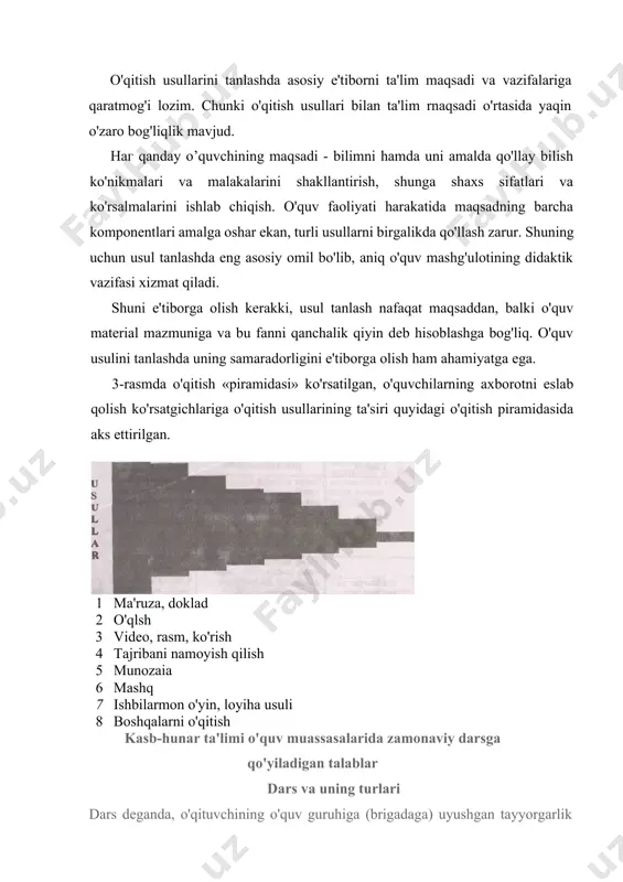 rda mavzu va ko'zlangan maqsad aytilib, yangi o'quv materiali bayon etiladi va o'quvchilarning mustaqil ishlashi uyushtiriladi, uyga topshiriqlar beriladi, darsning bu xili o'quv materialini o'zlashtirish oson hollarda o'tkaziladi. umumiy yoki aralash dars. bunday darslarda har xil didaktik masalalar hal etiladi, uy topshiriqlarini va o'quvchilarning bilimlarini tekshirish, yangi materialni bayon qilish va boshqalar amalga oshiriladi. ular maxsus fanlarni o'rganishda bir-biriga eng yaqin zvenolarini o'z ichiga oladi, bu esa o'quvchilar bilimlarini puxta va ongli o'zlashtirishini ta'minlash uchun muhimdir. bilimlarni mustahkamlash darsi. bunday darslarda oldin o'rganilgan materiallar yuzasidan o'quvchilar bilan suhbatlar o'tkaziladi, kinofilmlar ko'riladi, bilimlar esga solinadi, faktlar va natijalar o'quvchilarning xotirasida mustahkamlanadi. natijada bilimlar ancha puxtalashadi. sinash-tekshirish darsi. bunday darslarda mavzu, bo'lim yuzasidan og'zaki savol-jaoblar, test yordamida yozma yoki grafik usulda tekshirish ishlari o'tkaziladi. ulardan ko'zlanadigan maqsad, bar bir o'quvchining tayyorgarlik darajasini asosli baholash uchun kerakli ma'lumotlar olish, ya'ni bilimlarni qanchalik ongli va puxtaligini aniqlashdan iborat. muammoli dars. bu darslardan maqsad 'quvchilar …