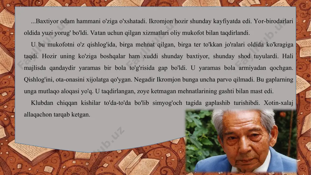 i titilib, etaklari balchiqqa belanganidan dog' bosib ketgandi. uning bir vaqtlar qizlarni shaydo qilgan qop-qora ko'zlari endi ma'yus, atrofga ma'nosiz boqardi. kecha sahar paytida osmoni falakdan turna o'tdi. tur­sunboy o'shanda ham uyg'oq edi. turna ovozi unga juda ko'p narsalarni eslatib ketgan edi. turna qanotida bu cho'llarga bahor olib keldi-yu, ammo tursunboyning qalbida uyilib, muz bitib yotgan qorni eritolmadi. unga bahor kelmadi. u har kuni to'qay kezib, qamishlar orasidan ishlayot-gan hamqishloqlarini ko'rib o'tiradi. ularning bari tanish odamlar. tursunboy zebining ovozini ham eshitdi. eshitdi-yu, o'zi ovoz chiqazolmadi. agar yolg'iz uchratolsa edi, albat-ta, ovqat keltirishni yalinib so'rardi. yo'q, yolg'iz uchra-tolmayapti. u kimdandir moxovlar yashaydigan orol ha-qida eshitgandi. moxovlar oroliga hech kim kiritilmaydi, hech kim u yerdan chiqarilmaydi. nahotki, tursunboy ham o'sha moxovlardek tanho yashasa? uning qamish chaylasi oldidan o'rdaklar uchadi, yaqin-ginasidan to'ng'izlar o'tadi. u bu joy da xuddi o'shalardek yashirinib yashashga, odamlar ko'ziga ko'rinmay yashash-ga majbur. u qachongacha shu xil yashashini bilmasdi. bu …