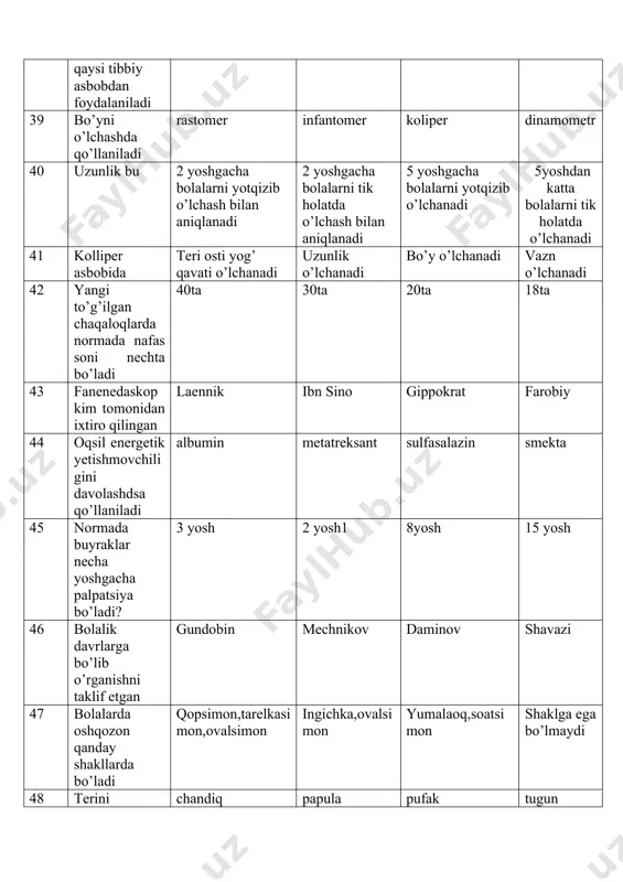 standart usullar orqali baho berish instrumentlar asosida aniq antropometrik nuqtalarni aniqlash 56 antropometriya uchun zarur kerakli sharoit: barcha o‘lchashlar kunning birinchi yarmida amalga oshirilishi kerak barcha o‘lchashlar kunning ikknchi yarmida amalga oshirilishi kerak barcha o‘lchashlar och qoringa amalga oshirilishi kyerak barcha o‘lchashl ar to`q qoringa malga oshirilishi kyerak 57 antropometriya uchun qanday sharoit kerak? barcha o‘lchov asboblari standartlangan,metyerologik tekshiruvdan o‘tgan bo‘lishi kerak barcha o‘lchov asboblari standartlangan tekshiruvdan o‘tgan bo‘lishi kerak barcha o‘lchov asboblari tekshiruvdan o‘tgan bo‘lishi kerak barcha o‘lchashlar kunning ikknchi yarmida amalga oshirilishi kerak 58 21 xromosoma kasalligi daun kasalligi patau edvars sindromi shershevskiy terner 59 jsst tavsiyasiga ko’ra necha haftali qancha vazn to’g’ilgan bola yashay oladi 25 haftalik 500gr 28 hafta 1000gr 30 hafta 1000gr 26 hafta 1000gr 60 xalqaro bolalar konvensiyasi nechanchi yilda qabul qilingan? 1989 yil 1991 yil 1990 yil 1998 yil 61 tarnzitor holatda chaqaloqlar necha % vazn yuqotadi 5-6 % 10 % 15 % …
