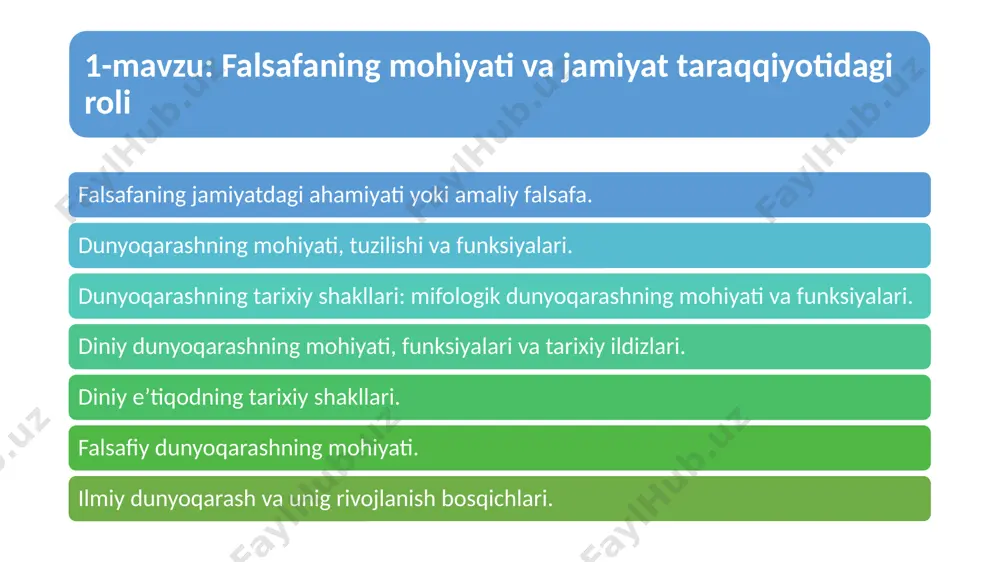r yondashuvlar bilan belgilangan hayotiy ideallari, e’tiqodlari, bilish va faoliyat tamoyillari, qadriyat va mo‘ljallaridir. dunyoqarashning tuzilishi: dunyoni sezish dunyoni idrok etish dunyoni tushunish kabi eng muhim elementlardan iborat. dunyoni sezish va qisman (elementar shakllarda) dunyoni idrok etish barcha tirik mavjudodlarga xos bo‘lsa xos bo‘lsa, dunyoni tushunish esa faqat insongaga xos xususiyatdir. dunyoqarashning o’ziga xos xususiyatlari mavjud bo’lib ular quyidagilar hisoblanadi: bilish qadriyatlarga munosabat xulq-atvorni belgilash dunyoqarashning intellektual emotsional ruhiy asoslari mavzjud bo’lib ular har bir inson uchun mutlaqo muayyan, individual xususiyatlar sifatida amal qiladi. dunyoqarashning shakllari: hayotga oid mifologik diniy badiiy siyosiy hayotga oid dunyoqarash mifologik dunyoqarash diniy dunyoqarash badiiy dunyoqarash siyosiy dunyoqarash ilmiy dunyoqarash 1916 yilda jeyms lyuba o‘z tadqiqotlarida aqsh olimlarining 40% xudoga ishonishini asoslagan. 90-yillarning oxirida amerikalik tarixchilar e.larson va i.uitxem tomonidan o‘tkazilgan yangi tadqiqot- larda xx asrda amalga oshirilgan buyuk kashfiyotlar va fan yutuqlari tasirida olimlar dunyoqarashi qay darajada o‘zgarganini aniqlashga qaror qildilar. shu bois ularning …