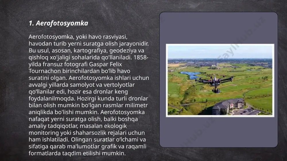 ikda, o'rmon xo'jaligida va ekologik monitoringda qo'llaniladi. masalan, qishloq xo'jaligida ndvi (normalized difference vegetation index) orqali o'simlik holatini kuzatish mumkin. multi-spektoral kameralar odatda 4-12 ta spektral kanalni qamrab oladi, shu jumladan ko'rinadigan (rgb), infraqizil va qizilqizil diapazonlar. dronlar yoki sun'iy yo'ldoshlar yordamida yig'ilgan multi-spektoral ma'lumotlar hosildorlikni oshirish va resurslarni samarali boshqarishga yordam beradi. odatda, piksellar o'lchami va spektral aniqlik ma'lumotlarning aniq tahlili uchun muhimdir. misol uchun, sentinal-2 sun'iy yo'ldoshi 10-20 metr oralig'ida tasvirlarni turli spektral tasmalarda taqdim etadi. ... t.me/slaydai_bot uav (uchuvchisiz uchish qurilmasi) yoki dronlar orqali suratga olish sohasida katta yutuqlar kuzatilmoqda. dronlar uzoq masofalardan yuqori sifatli tasvirlarni olinishi uchun mo'ljallangan. 2022-yilgi ma'lumotlarga ko'ra, jahon bo'ylab dronlar bilan suratga olish bozorining umumiy qiymati 2023-yilda 43,1 milliard aqsh dollarini tashkil etishi kutilmoqda. turli o'lchamdagi dronlar, jumladan, mikro, kichik va o'rta darajadagi, 1000 metrgacha balandlikda parvoz qila oladi. ular asosan 20-30 daqiqagacha havoda turishi mumkin. internet orqali boshqariladigan dronlar minish tezligi …
