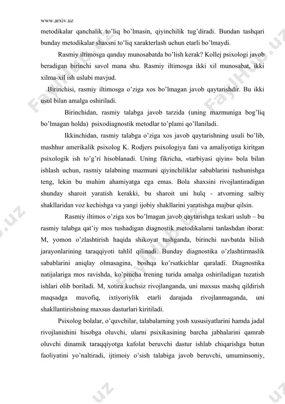 a trening turida amalga oshiriladigan tuzatish ishlari olib boriladi. m, xotira kuchsiz rivojlanganda, uni maxsus mashq qildirish maqsadga muvofiq, ixtiyoriylik etarli darajada rivojlanmaganda, uni shakllantirishning maxsus dasturlari kiritiladi. psixolog bolalar, o’quvchilar, talabalarning yosh xususiyatlarini hamda jadal rivojlanishini hisobga oluvchi, ularni psixikasining barcha jabhalarini qamrab oluvchi dinamik taraqqiyotga kafolat beruvchi dastur ishlab chiqarishga butun faoliyatini yo’naltiradi, ijtimoiy o’sish talabiga javob beruvchi, umuminsoniy, etnopsixologik xususiyatlar muhitida kamolatga intiluvchi shaxsni tarkib toptirishni bosh maqsad deb tanlaydi. amaliy psixolog bolalar, o’quvchilar, talabalarning psixik taraqqiyotdagi, xulq - atvor muamalasidagi nuqsonlar va hamda kamchiliklarni asta-sekin tuzatish, korrekstiya qilish dasturini ishlab chiqaradi va amaliyotga uni tatbiq etadi. buning uchun ular bilan maxsus mashg’ulotlar buzilishni kamaytirish o’tkazadi, ijodiy qobiliyatlarni o’stirish maqsadida treninglar olib boradi. korrekstion faoliyatning psixologik qismi mutaxassislar tomonidan amalga oshiriladi. mazkur ishning pedagogik jihati esa psixologning pedagoglar, ota-onalar bilan hamkorligida o’tkaziladi va butun mas’uliyat uning zimmasiga tushadi. rivojlantiruvchi va korrekstion ishlar psixolog tomonidan har xil shakllarda, …