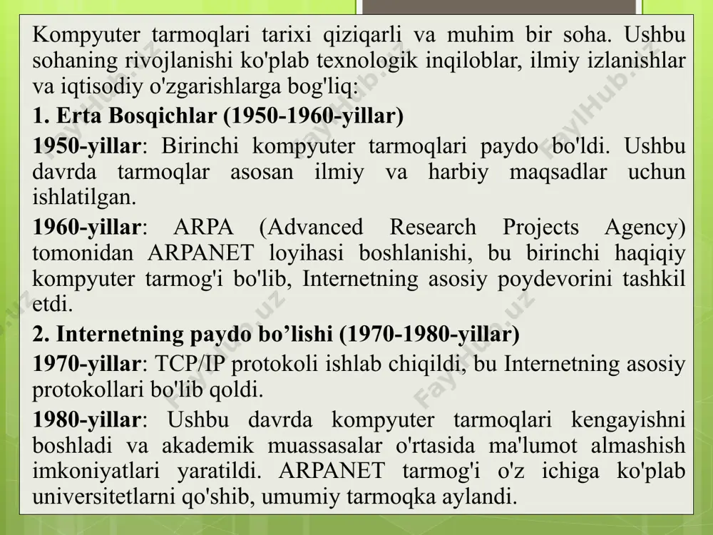 rish bo‘yicha dastlabki takliflarni ilgari surgan. bu shaxslarning har biri kompyuter tarmoqlarining rivojlanishi va internetning shakllanishida muhim rol o‘ynagan va ular o‘zlarining ilmiy ishlari orqali zamonaviy axborot texnologiyalari asoslarini yaratgan. kompyuter tarmoqlarining rivojlanishiga katta hissa qo‘shgan ko‘plab olimlar, muhandislar va tadqiqotchilar mavjud. quyida ba'zi muhim shaxslar haqida qisqacha ma'lumot beraman: vint serf - internetning "ota"laridan biri deb ataladi. u tcp/ip protokollarini ishlab chiqishda muhim rol o'ynadi, bu internetning asosiy protokollaridan biridir. shuningdek, u google’da chief internet evangelist sifatida ishlagan. robert kahn - vint serf bilan birgalikda tcp/ip protokollarini ishlab chiqishga hissa qo‘shgan. u ham o‘zining ishlarida tarmoq arxitekturasi va protokollarni rivojlantirishda muhim rol o'ynadi. tim berners-lee - world wide webni ixtiro qilgan. u html, url, va http protokollarini yaratgan va internetni ko‘plab odamlar uchun kengaytirgan. kompyuter tarmog‘ining tarkibi bir qator asosiy komponentlardan tashkil topgan bo‘lib, ular o‘zaro aloqada bo‘lib, tarmoqning to‘g‘ri ishlashini ta’minlaydi. asosiy tarkibiy qismlar quyidagilar: tarmoq qurilmalari: router …
