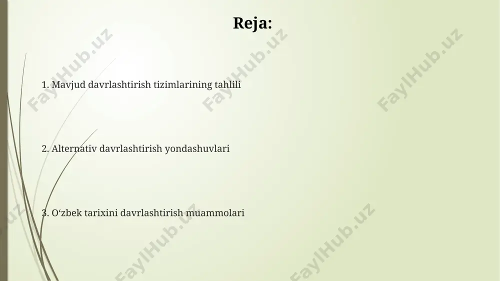 llar, ya’ni statistik ma’lumotlar va 5 yildan ortiq davom etgan tadqiqotlar natijalarini qoʻllash kerak. markaziy osiyo mintaqasi kontekstida, 10 ga yaqin qoʻshni mamlakatlar tarixi bilan taqqoslash va umumlashtirish orqali oʻzbekiston tarixining xususiyatlarini yanada chuqurroq oʻrganish maqsadga muvofiq. oʻzbek tarixining davrlashtirilishi boʻyicha xorijiy tadqiqotlar 19-asr oxiri va 20-asr boshlarida rossiya imperiyasi davrida olib borilgan tadqiqotlar oʻzbek tarixini asosan rossiya tarixining bir qismi sifatida koʻrsatgan, bu esa milliy tarixning ob’ektiv baholanishiga toʻsqinlik qilgan. xorijiy olimlar oʻzbek tarixini 3 ta asosiy davrga boʻlishni taklif qilgan: qadimgi davr (miloddan avvalgi vii asrdan milodiy v asrgacha), oʻrta asrlar (vi-xix asrlar) va yangi davr (xix asrdan hozirgi kungacha), ammo bu sxemaning kamchiliklari ham mavjud. ba’zi tadqiqotlarda amir temur davri alohida, mustaqil davr sifatida koʻrib chiqilgan boʻlib, uning 14-15 asrlardagi jahon tarixiga ta’siri 100 yildan ortiq davom etganligi ta’kidlangan. tarixshunoslikdagi turli davrlashtirish modellarining taqqoslanishi o'rta osiyo tarixining umumiy davrlashtirilishi bilan uzbekiston tarixining milliy davrlashtirilishi o'rtasidagi farqlarni, xususan, …