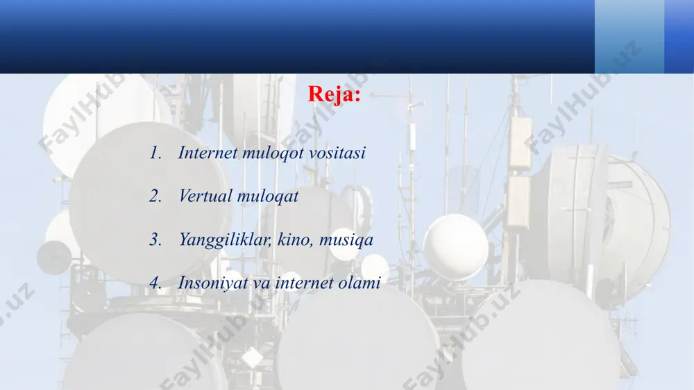 uhbat xonalari 1. kompyutеr va intеrnеtdan foydalanuvchilar yolg`iz qolishlari juda qiyin. hozirgi paytda yuz minglab foydalanuvchilar intеrnеtda do`stona suhbat qurish bilan bo`sh vaqtlarini o`tkazadilar. bunday suhbatlar odatda suhbat xonalarida bo`lib o`tadi. suhbat xonalari virtual xona bo`lib, aslida sеrvеrda ishlayotgan dasturiy ta'minotdir. suhbat xonasining dasturi shunday loyihalangan-ki, u bir vaqtda onlayn tartibida bo`lgan bir nеcha foydalanuvchilarni xabarlar yozishlariga va bu xabarlarning qolgan foydalanuvchilarga darhol еtkazilishini ta'minlaydi. e’tiboringiz uchun katta raxmat media1.mp3 image3.jpeg image4.png image2.jpg image5.jpg image6.jpg image7.jpg image8.jpg image9.jpg image10.jpg image11.jpg image12.jpeg image13.jpeg image14.jpeg image1.jpg