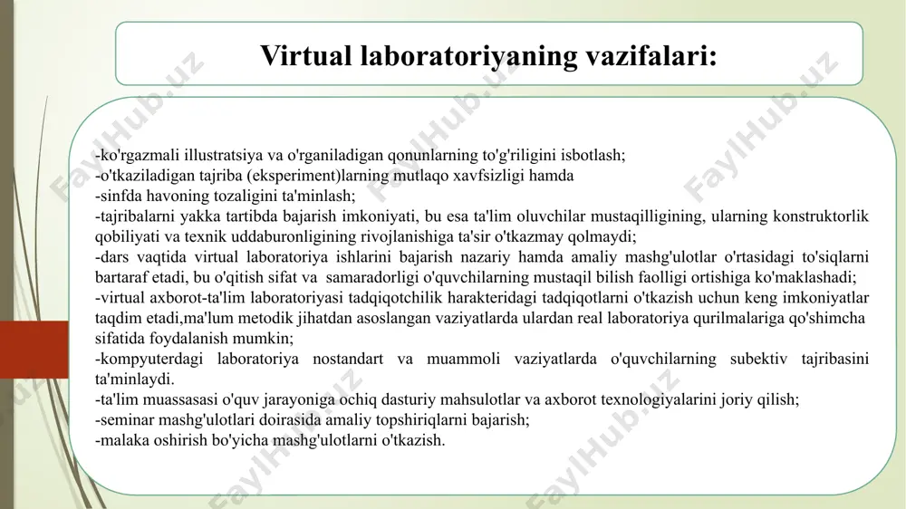 uchun keng imkoniyat yaratadi. o'quv materialining elektron taqdimotida animatsiyalar asosida o'tilayotgan materialning berilishi mavzuni o'quvchilar tomonidan o'zlashtirilishini yengillashtiradi va ko'rgazmalilikni oshiradi. namoyish slaydlarini o'quvchilarga tarqatma material sifatida ham berish mumkin. slaydlarga o'quvchilar o'zlarini munosabatini bildirishi,uni tahlil qilishi mumkin. o'quvchilar quyidagi malakalarga ega bo'ladilar. -grafika axborotlarni matn shakliga keltirish yoki aksincha; -muhokama etilayotgan mavzu bo'yicha xulosalar va savollarni shakllantirish; -o'zining o'quv- biluv faoliyatini rejalashtirish. boshlang'ich ta'lim o'quv darslarida axborot majmui-ma'lumotnomalar, entsiklopediyalar, virtual kutubxonalar, geografik xaritalar, rasmlar, chizmalar, animatsiyalar,matnlar, tasviriy axborotning statistik va dinamik ifodalari, ovozli obrazlar (yozilgan ovoz,musiqa va boshqalar) foydalanish mumkin. bugungi kun o'qituvchilariga qo'yilayotgan talab, dars jarayonida axborot texnologiyalarni qo'llay olishi, o'quvchilarni kompyuterdan erkin foydalanishga, zamonaviy bilimlarni puxta egallashga, ma'nan yetuk shaxs bo'lib yetishiga o'rgatishdan iborat. e'tiboringiz uchun rahmat !!! image1.jpeg image2.png image3.jpeg image4.png /docprops/thumbnail.jpeg