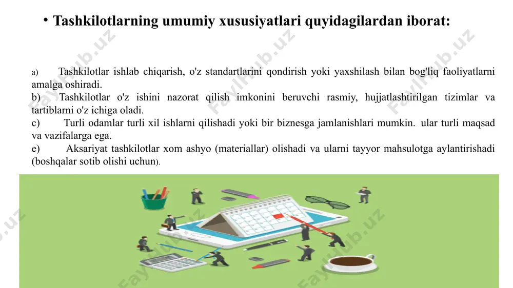tal va korxonalarni birlashtirishlari mumkin. davlat sektori davlat sektori davlat va mahalliy hokimiyat organlariga tegishli va boshqariladigan barcha tashkilotlarni o'z ichiga oladi. quyida bir nechta misollar: harbiy muassasa hukumat idoralari aksariyat maktablar va universitetlar davlat sektori tashkilotlari turli maqsadlarga xizmat qiladi. • buyuk britaniya pensiya xizmati ijtimoiy ta'minot tizimining pensiyalar, nafaqalar va pensiya ma'lumotlari bilan bog'liq qismini boshqaradi. • pochta bo'limi ijtimoiy funktsiyaga ega bo'lsa-da, pochta xizmatlaridan foyda oladi. kooperativlar - bu o'z xodimlari yoki mijozlariga tegishli bo'lgan foydani bo'lishadigan korxonalar. uning xususiyatlari quyidagicha: • ochiq aʼzolik • demokratik nazorat (bir a'zo, bitta ovoz) • ortiqcha miqdorni xaridlarga mutanosib ravishda taqsimlash • ta'limni rag'batlantirish aksiyadorlik jamiyati nima ? aksiyadorlar jamiyati — daromad topish maqsadida hissadorlik tamoyiliga binoan uyushgan sherikchilik jamiyati. aksiyadorlar jamiyati boshqa sherikchilik korxonasidan farqliroq, muomalaga nominal qiymati koʻrsatilgan aksiyalar chiqarish va uni sotish yoʻli bilan tarqatish bunday jamiyatning moliyaviy negizini tashkil etadi. aksiya egalari dividend shaklida daromad oladilar. …
