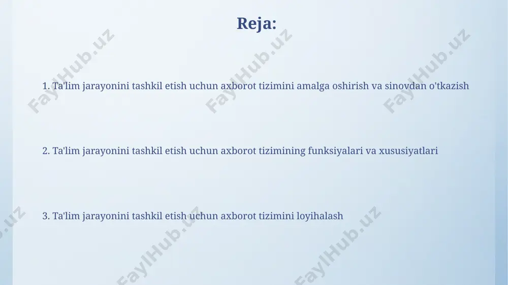 arga faqat vakolatli foydalanuvchilar kirishlari mumkin, bu esa ma'lumotlarning maxfiyligini 128 bit kalit bilan himoya qiladi. ma'lumotlar bazasiga kirish uchun ikki omilli autentifikatsiya (2fa) va biometrik tasdiqlash kabi kuchli autentifikatsiya usullarini qo'llash orqali 99% dan yuqori xavfsizlik darajasini ta'minlash mumkin. foydalanuvchilar uchun interfeys dizayni interfeys dizayni 100 dan ortiq foydalanuvchilar bilan oʻtkazilgan test sinovlari natijalari asosida optimallashtirilgan va foydalanish qulayligi 90% dan yuqori baholandi. foydalanuvchi interfeysi 3 ta asosiy ekran – asosiy sahifa, dars jadvali va ballar oynasi – dan iborat boʻlib, har birining yuklanish vaqti 2 sekunddan oshmasligi kerak. ma'lumotlar bazasi loyihalash ma'lumotlar bazasi dizayni 3 normal shaklga (3nf) muvofiq bo'lishi, ma'lumotlar ortiqchaligini kamaytirish va ma'lumotlar yaxlitligini ta'minlash uchun 10 dan ortiq jadvallarni o'z ichiga olishi kerak. talabalarning akademik ko'rsatkichlari, dars jadvallari va o'qituvchilar haqidagi ma'lumotlarni saqlash uchun relational ma'lumotlar bazasi boshqaruv tizimi (rdbms) – masalan, mysql yoki postgresql – tanlanishi, kamida 5 million qatorni qayta ishlash imkoniyatiga ega …