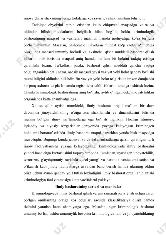 inologiyada ilmiy bashoratni yuqori bosqichga ko‘tarilishini taqozo etmoqda. jumladan, uyushgan jinoyatchilik, terrorizm, g‘ayriqonuniy ravishda qurol-yarog‘ va narkotik vositalarni sotish va o‘tkazish kabi jinoiy faoliyatlarga avvaldan baho berish hamda ularning oldini olish uchun aynan qanday yo‘l tutish lozimligini ilmiy bashorat orqali aniqlanishi kriminologiya fani zimmasiga katta vazifalarni yuklaydi. ilmiy bashoratning turlari va manbalari kriminologiyada ilmiy bashorat qilish va uni samarali joriy etish uchun zarur bo‘lgan omillarning o‘ziga xos belgilari asosida klassifikatsiya qilish hamda tizimini yaratish katta ahamiyatga ega. masalan, agar kriminologik bashorat umumiy bo‘lsa, ushbu umumiylik bevosita kriminologiya fani va jinoyatchilikning ilmiy bashoratlaridan iboratdir. shuningdek, jinoyatchilikni bashorat qilish birinchi marta sodir etilgan va retsidiv jinoyatlarni bashorat qilish turlariga bo‘linishiga alohida e’tibor qaratilishi lozim. aynan shu ikki holat u yoki bu jinoyatchilikka oid umumiy holatni, ya’ni uning tizimi, o‘ziga xos xususiyatlari va dinamikasi bo‘yicha bashorat ishlarini tashkil etishni o‘z ichiga oladi. demak, kriminologiyada ilmiy bashorat o‘zaro bog‘liq tizimdan iborat. shuningdek, jinoyatchilikni ilmiy …