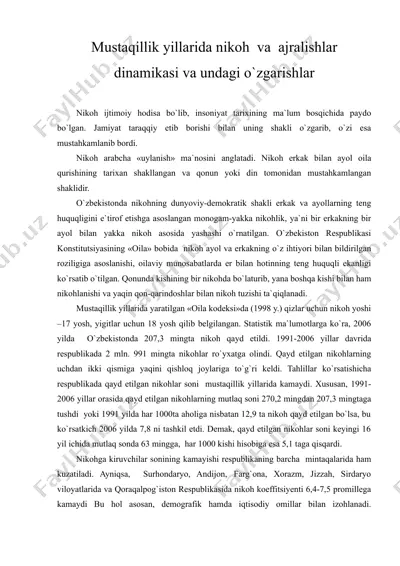 mustaqillik yillarida nikoh va ajralishlar dinamikasi va undagi o'zgarishlar — DOC