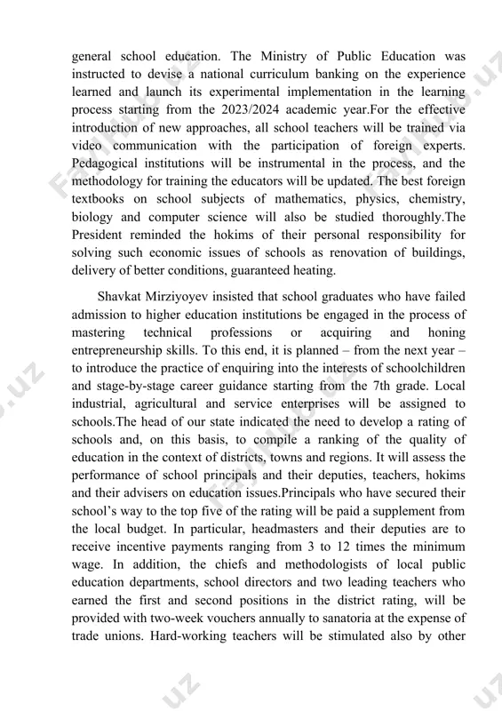 to develop a rating of schools and, on this basis, to compile a ranking of the quality of education in the context of districts, towns and regions. it will assess the performance of school principals and their deputies, teachers, hokims and their advisers on education issues.principals who have secured their school’s way to the top five of the rating will be paid a supplement from the local budget. in particular, headmasters and their deputies are to receive incentive payments ranging from 3 to 12 times the minimum wage. in addition, the chiefs and methodologists of local public education departments, school directors and two leading teachers who earned the first and second positions in the district rating, will be provided with two-week vouchers annually to sanatoria at the expense of trade unions. hard-working teachers will be stimulated also by other methods.improving the qualifications of school educators was discussed in detail, too. …