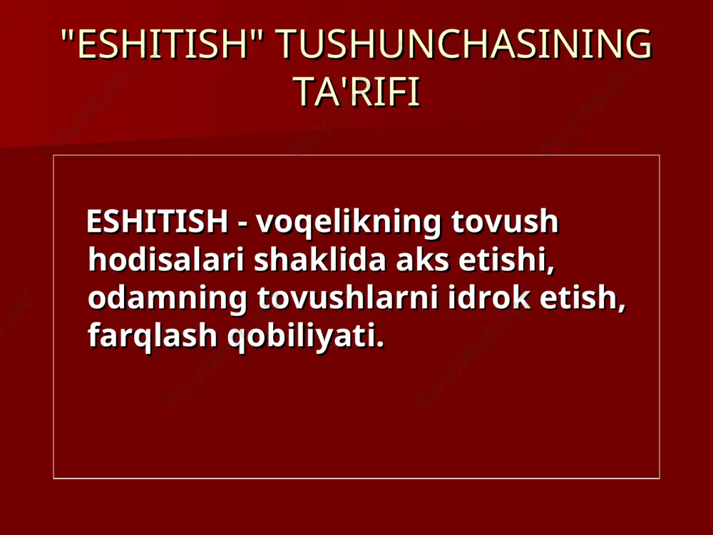 ish bo'yicha mashg'ulotlar nutqning o'ziga xos shakllantirish: imo-ishora, labda o'qish, daktil nutq surdopedagog dars beradi eshitish idrokini rivojlantirishga qaratilgan darslar ijtimoiy yo'nalishdagi darslar og'zaki nutqni shakllantirish vositalari daktil nutq eshitish qobiliyati past zaif eshituvchi bolalarni o'qitish audio apparatiralardan foydalanish individual eshitish apparatlari eshitish qoldigiga tayanish mikrofonlar, naushniklar, audio va televizion uskunalar kompyuterlar eshitish qobiliyati zaif bolalarning ta'lim xususiyatlari ii turdagimaktab ta’lim jarayonining uzaytirilganligi frontal mashg'ulotlar uchun maxsus sharoitlar yaratish-mikrofonli sinflari surdopedagog dars o`tadi maxsus audio vositalardan foydalanish tovushlar talaffuzidagi kamchiliklarni bartaraf etish bo`yicha logoped mashg’ulotlari labdan o`qishga o`rgatish eshitish qobiliyatining pasayishi darajasi-bola qanchalik yomon eshitsa, u shunchalik yomon gapiradi; eshitish qobiliyatining buzilishi vaqti - bu qanchalik erta sodir bo'lsa, nutqning buzilishi tuzatish shunchalik qiyin bo'ladi; eshitish shikastlanishidan keyin bolaning rivojlanish shartlari-normal nutqni saqlash va tarbiyalash uchun maxsus choralar qanchalik tez amalga oshirilsa, natijalar shunchalik yaxshi bo'ladi; eshitish qobiliyati zaif bolaning umumiy jismoniy va aqliy rivojlanishi - jismonan baquvvat, aqlan barkamol, …