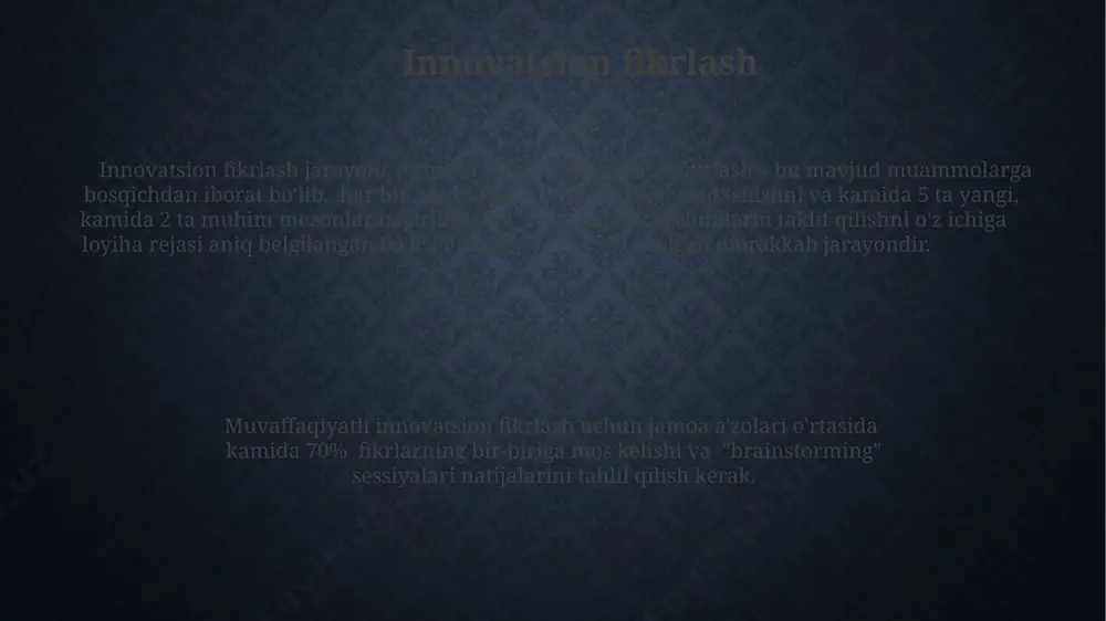 ularga muntazam ravishda erishish jarayonidir. samarali o'z ustida ishlash uchun kuniga kamida 30 daqiqa vaqt ajratish va yangi ko'nikmalarni o'rganishga, malakani oshirishga yo'naltirilgan 2-3 ta faoliyat bilan shug'ullanish tavsiya etiladi. o'z ustida ishlash natijasida o'rtacha 12-18 oy ichida o'z-o'zini boshqarish, muammolarni hal qilish va stressga chidamlilik ko'nikmalarida 20-30% ga yaxshilanish kuzatiladi. jamoa bilan ishlash muvaffaqiyatli jamoa loyihalarining 80%i samarali muloqotga va o'zaro fikr almashishga bog'liq bo'lib, muntazam yig'ilishlar va konstruktiv tanqid muhim ahamiyatga ega. jamoaviy ishlarda har bir a'zoning kuchli va kuchsiz tomonlarini hisobga olib, ularning individual qobiliyatlarini optimal tarzda qo'llash va 3-5 kishilik kichik guruhlarga bo'lish samaradorlikni oshiradi. jamoa bilan samarali ishlash uchun aniq vazifalarni taqsimlash va har bir a'zoning 5-10% mas'uliyatini aniq belgilab olish muhim, bu umumiy maqsadga erishish uchun sinergiyani oshiradi. ishdagi samaradorlik ish samaradorligini 20% ga oshirish uchun, vazifalarni 80/20 qoidasiga muvofiq tartiblash va eng muhim 20% ga e’tibor qaratish kerak. bu vaqtni tejash va natijalarga …