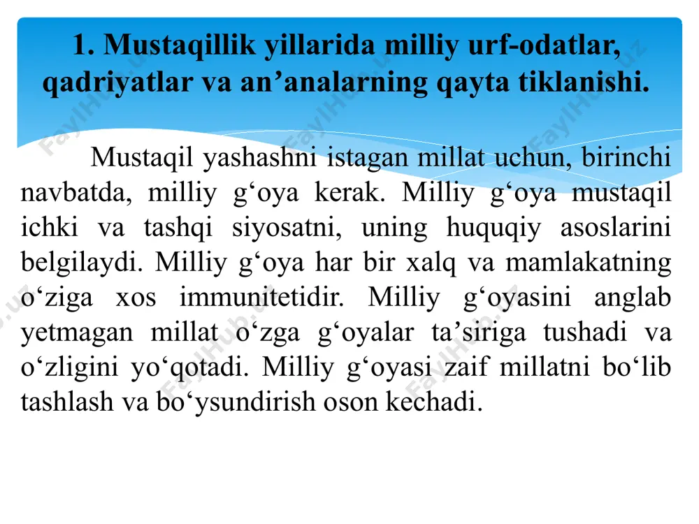 ig‘ilish o‘tkazdi. unda toshkentni yuksak madaniyatli shaharga aylantirish kerakligi, zamondoshlarini emas, kelajak avlod ham u bilan haqli ravishda faxrlanadigan shaharga aylantirish masalasi qo‘yildi. ushbu yig‘ilishda islom karimov shunday degan edi: “tariximiz uchun ham, hozirgi kun uchun ham o‘zbek ishchilarining, o‘zbek dehqonlarining, o‘zbek ziyolilarining uyalishlariga hech bir asos yo‘q. аksincha, ular juda og‘ir sinovlarga, baʼzan esa nohaq sinovlarga qaramay, o‘zlarining mashaqqatli ishlarini munosib ravishda ado etib kelmoqdalar, bu bilan ular haqli ravishda faxrlanishlari mumkin”. o‘zbekiston respublikasining birinchi prezidenti i.karimovning 1994-yil 23-apreldagi farmoni asosida “maʼnaviyat va maʼrifat” jamoatchilik markazi tashkil etildi. bu, o‘z navbatida, respublikada maʼnaviy va mafkuraviy ishlarni yuksaltirishda katta ahamiyatga ega bo‘ldi. o‘zbekiston respublikasi prezidentining 2000-yilning 2-iyunidagi “respublika maʼnaviyat va maʼrifat kengashini qo‘llab-quvvatlash to‘g‘risida”gi farmoni esa mamlakatimizda maʼnaviy maʼrifiy islohotlarni izchil amalga oshirish, milliy istiqol g‘oyasining asosiy tushuncha va tamoyillarini xalqimiz ongi va qalbiga singdirish borasida ulkan ishlarni amalga oshirishga qaratilgan muhim dastur bo‘ldi. islom hamkorlik tashkiloti tashqi ishlar vazirlari …