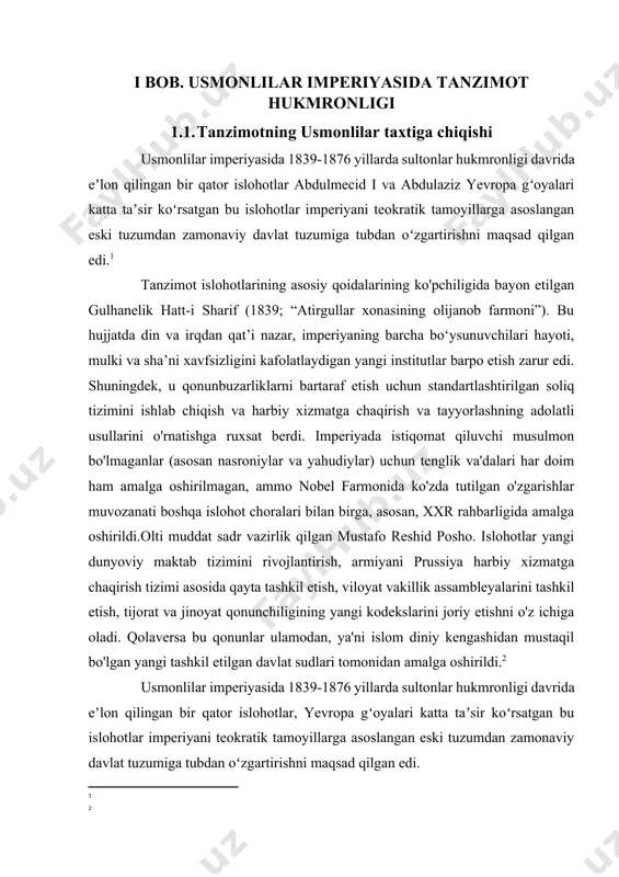 6 yillarda sultonlar hukmronligi davrida eʼlon qilingan bir qator islohotlar, yevropa gʻoyalari katta taʼsir koʻrsatgan bu islohotlar imperiyani teokratik tamoyillarga asoslangan eski tuzumdan zamonaviy davlat tuzumiga tubdan oʻzgartirishni maqsad qilgan edi. 1839-1876 yillar oralig'ida usmonlilar hukmronligini markazlashtirish va ratsionalizatsiya qilishga hamda imperiyaning harbiy mudofaasi uchun ko'proq soliq tushumlarini olishga qaratilgan bir qator hukumat islohotlari edi. tanzimot davri odatda markaziy hukumatdagi alohida shaxslar: sultonlar abdulmajit ii va abdulaziz hamda yuqori martabali mutasaddilar mustafo reshid pasho, ali posho va fuad poshobilan bog‘liq. tanzimatdan oldin xviii asrdan boshlab, xususan, abdulmajit i va abdulazizning otasi mahmud ii tomonidan amalga oshirilgan islohot ishlari boshlandi., 1808 va 1839 yillar oralig'ida. va undan keyin abd ü lhamit ii va yosh turklar hukmronligining dastlabki davridagi islohotlar davom etadi.[footnoteref:3] [3: genotsid tadqiqotlar jurnali {2018-yil} ] tanzimot davrining o‘ttiz yetti yili islohotning asosiy tamoyillari va davlat apparatini shakllantirishdagi bu uzoq jarayonda muhim ahamiyatga ega. harakatning asosiy so'zlari adolat va tartib …
