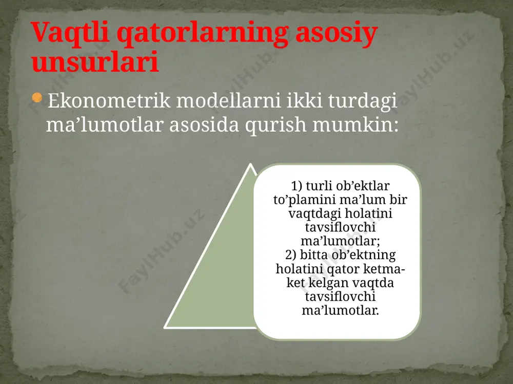 in. uchchala komponentalarning yig’indisidan tuzilgan model vaqtli qatorning additiv modeli deyiladi. chala komponentalarning ko’paytmasidan tuzilgan model vaqtli qatorning multiplikativ modeli deyiladi. mavsumiy va tsiklik tebranishlarni modellashtirish vaqtli qatorning additiv va multiplikativ modeli. mavsumiy yoki tsiklik tebranishga ega bo’lgan vaqtli qatorlar strukturasini tahlil qilishga bir qancha yondoshuvlar mavjud. eng sodda yondoshuv – bu mavsumiy komponentalar qiymatini sirg’anchiq o’rtacha usuli bilan hisoblash va vaqtli qatorning additiv yoki multiplikativ modelini tuzishdan iborat. additiv model quyidagi umumiy ko’rinishga ega: bu modelda davriy qatorning har bir darajasi trend(t), mavsumiy(s) va tasodifiy(e) komponentalar yig’indisidan tashkil topadi deb qaraladi. multiplikativ model quyidagi umumiy ko’rinishga ega: bu model vaqtli qatorning har bir darajasi trend(t), masumiy(s) va tasodifiy(e) komponentalar ko’paytmasidan iborat deb qaraladi. ikkala modeldan birini tanlash masumiy tebranishning strukturasini tahlil qilish asosida amalga oshiriladi. agar tebranish amplitudasi taxminan o’zgarmas bo’lsa, turli tsikllar uchun masumiy komponentalar qiymatlari o’zgarmas bo’lgan vaqtli qatorning additiv modeli tuziladi. agar masumiy tebranish amplitudasi o’sib …